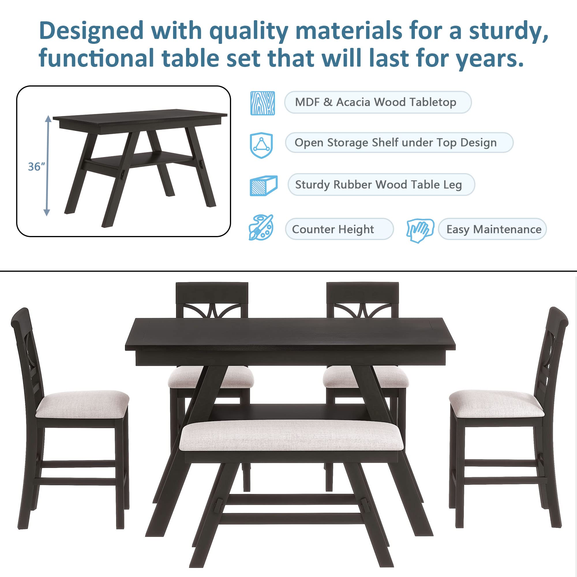 6-Piece Rustic Style Wood Counter Height Dining Table Set with Storage Shelf, Bench and 4 Chairs, Kitchen Dining Table Chairs Set for 6 Persons (Walnut + Wood + Foam) (Espresso + Wood + Foam)