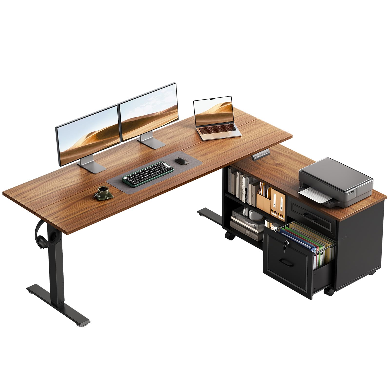 OffiGo L-Shaped Electric Standing Desk with File Cabinet