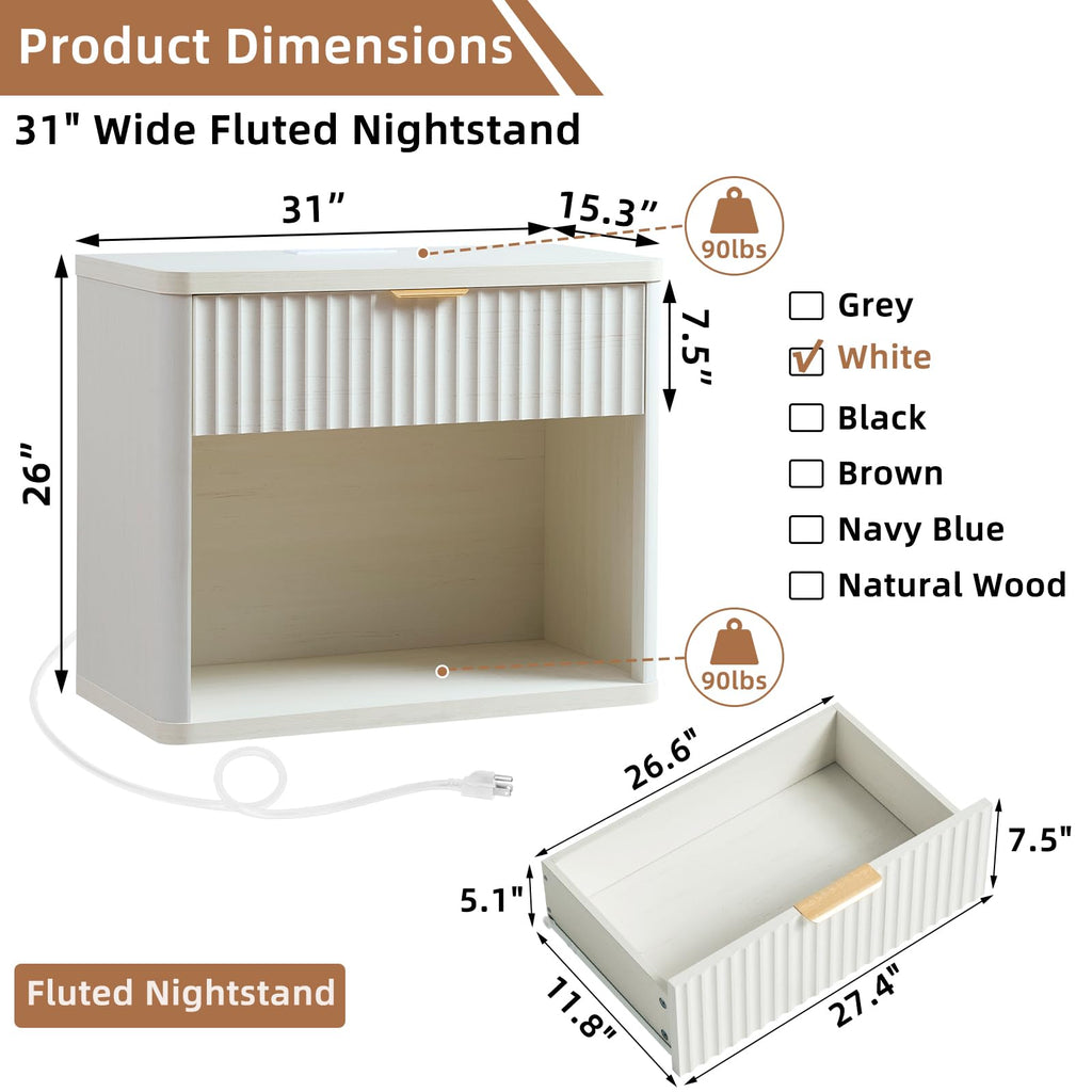 LEYAOYAO Wide Fluted Nightstand for Large Spaces