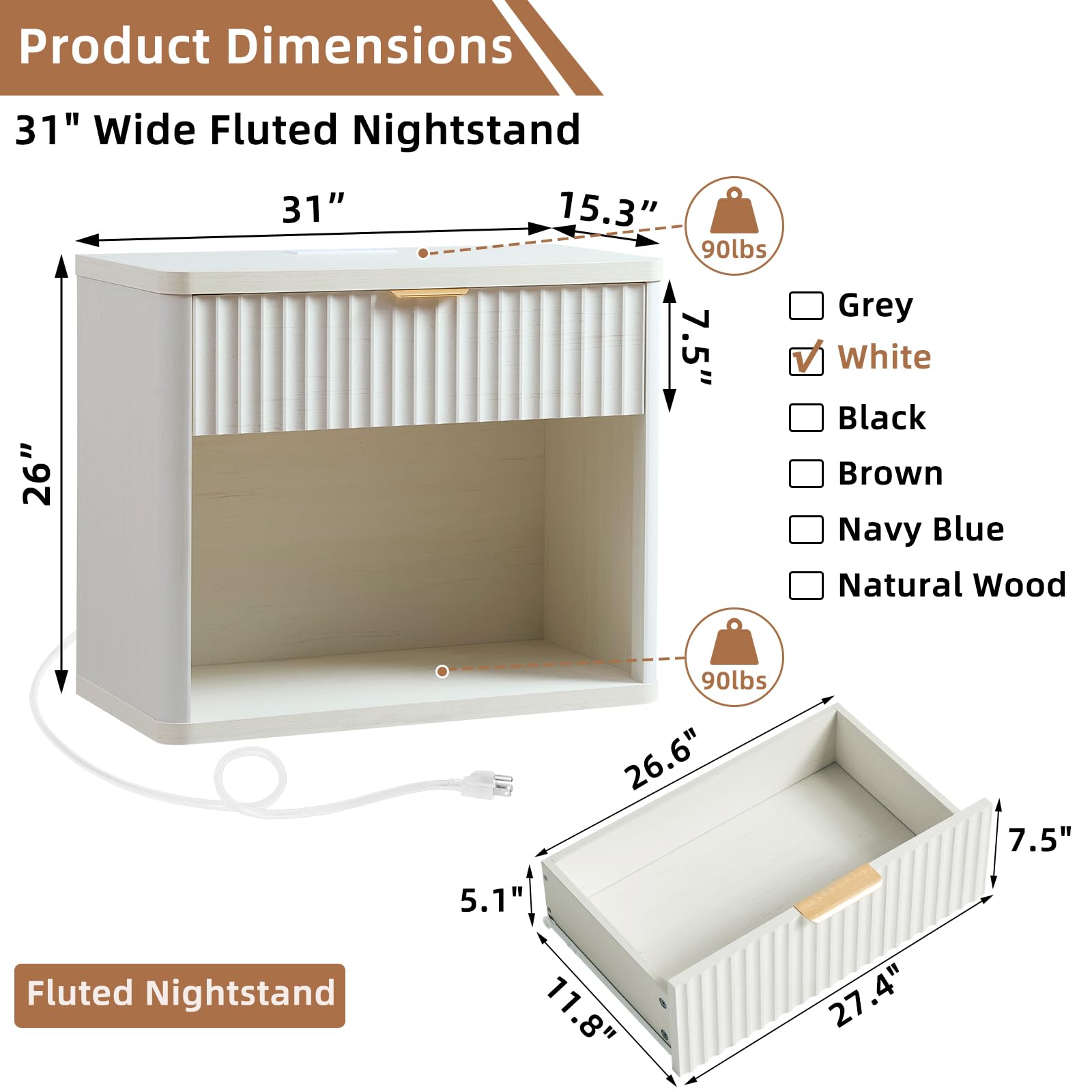 LEYAOYAO Wide Fluted Nightstand for Large Spaces