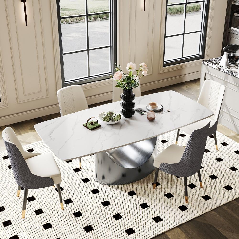 POVISON Modern Dining Table Marble White Black Bronze for Dining Room Kitchen