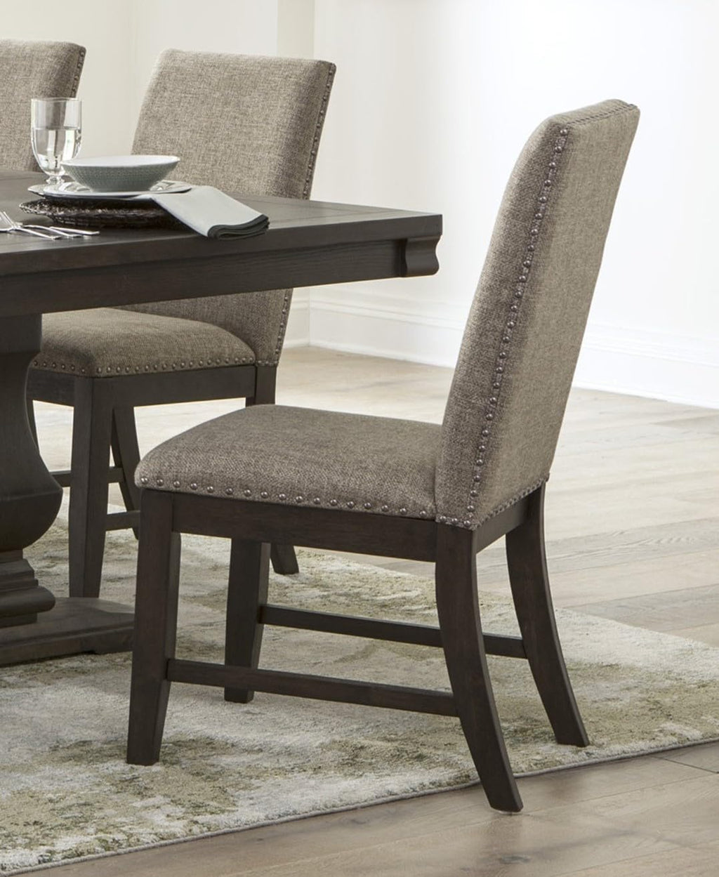 6pc Dining Set Style Dining Table Double Pedestal Base and Upholstered Beige Side Chairs Bench Dining Wooden Furniture