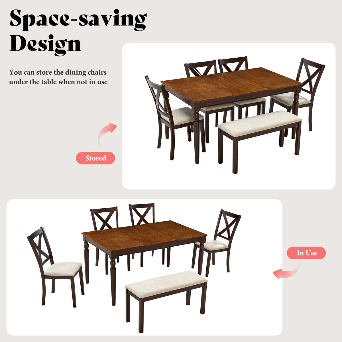 AMERLIFE 6-Piece Farmhouse Dining Table Set,Solid Wood Table with 4 Upholstered Chairs and Bench, Comfortable Seating for 6, for Kitchen or Dining Room
