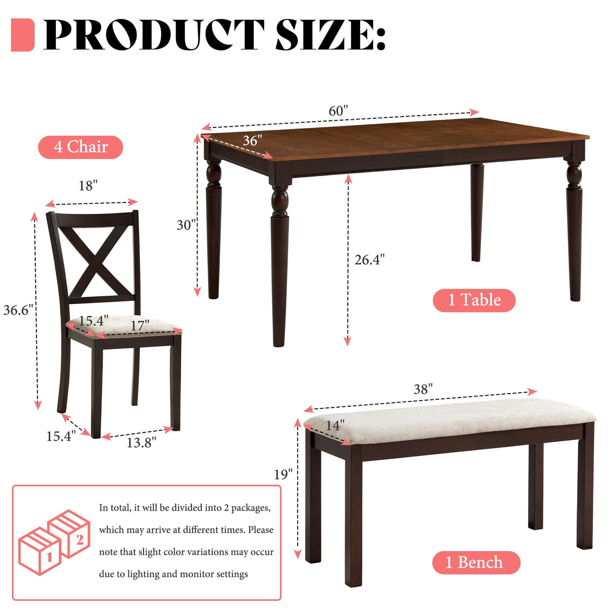 AMERLIFE 6-Piece Farmhouse Dining Table Set,Solid Wood Table with 4 Upholstered Chairs and Bench, Comfortable Seating for 6, for Kitchen or Dining Room