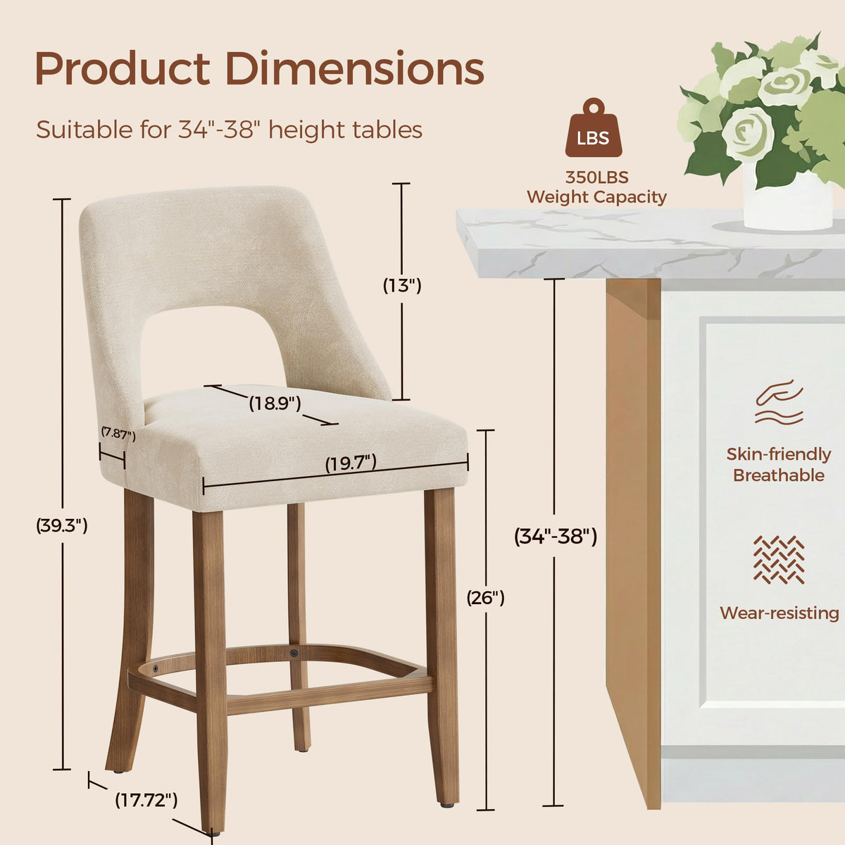 UVV Bar Stools, Upholstered Counter Height Bar Stools, Modern Counter Stools with Wood Legs for Kitchen Island Dining Room Bar