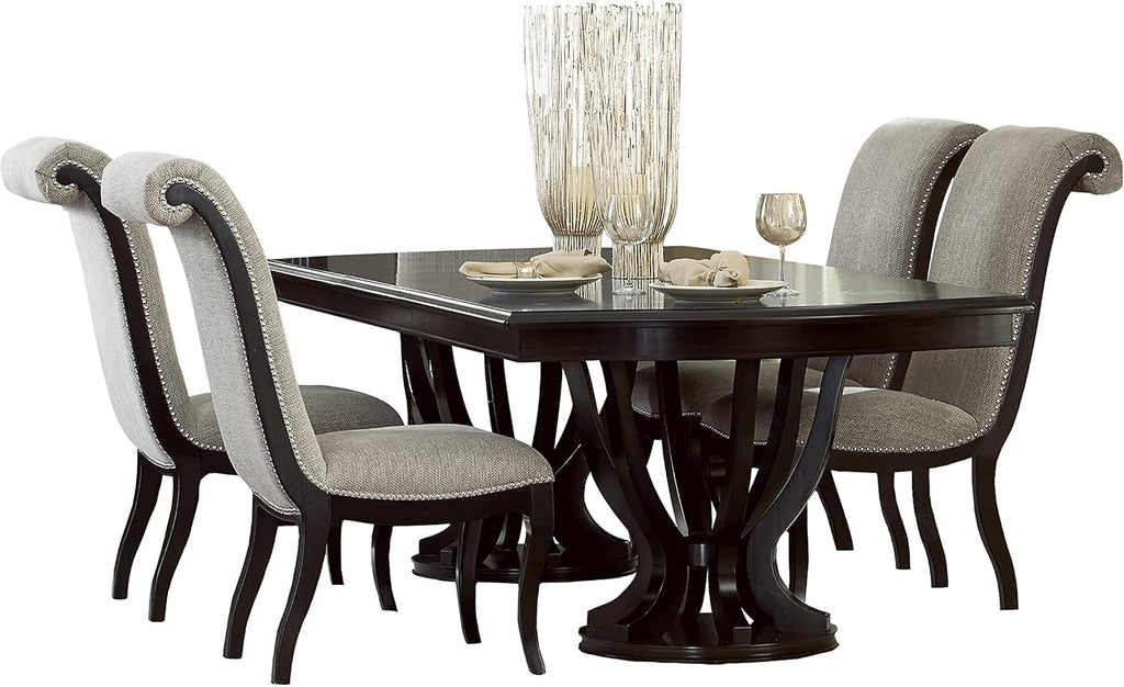 Extendable Dining Table with Espresso h, Modern Double Pedel Base & Leaf