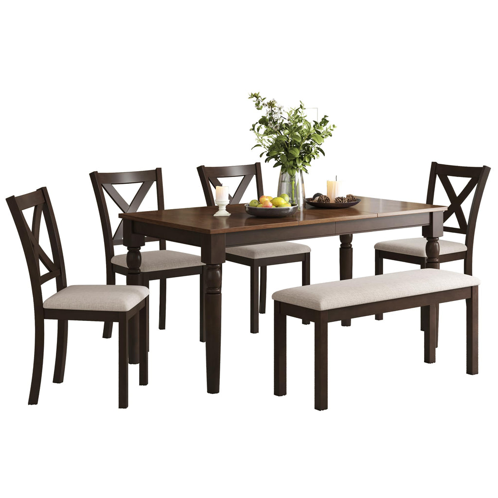AMERLIFE 6-Piece Farmhouse Dining Table Set,Solid Wood Table with 4 Upholstered Chairs and Bench, Comfortable Seating for 6, for Kitchen or Dining Room