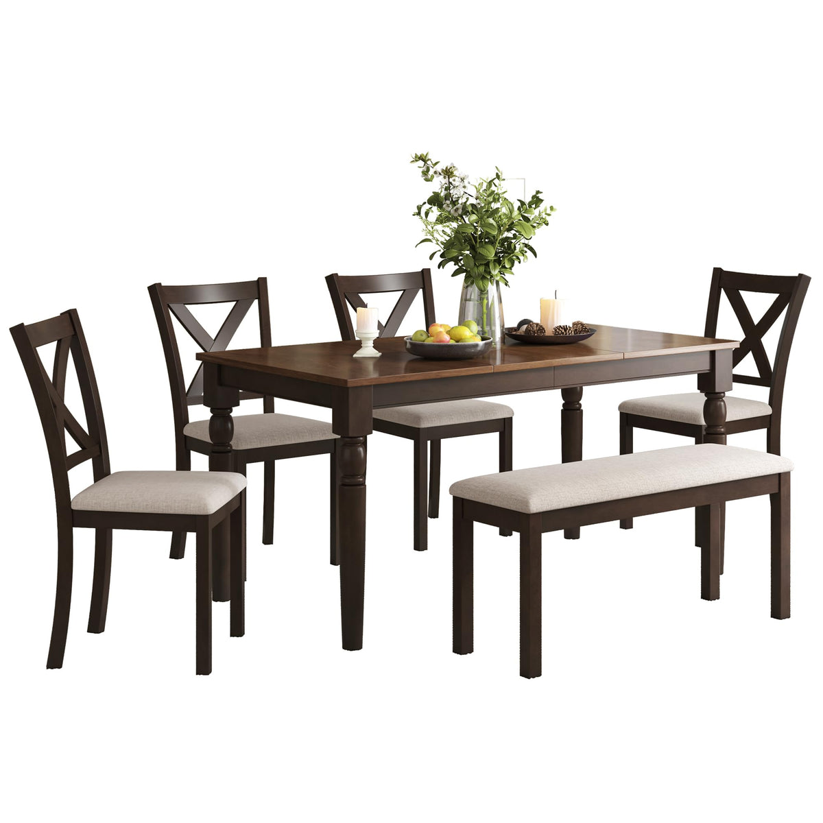 AMERLIFE 6-Piece Farmhouse Dining Table Set,Solid Wood Table with 4 Upholstered Chairs and Bench, Comfortable Seating for 6, for Kitchen or Dining Room