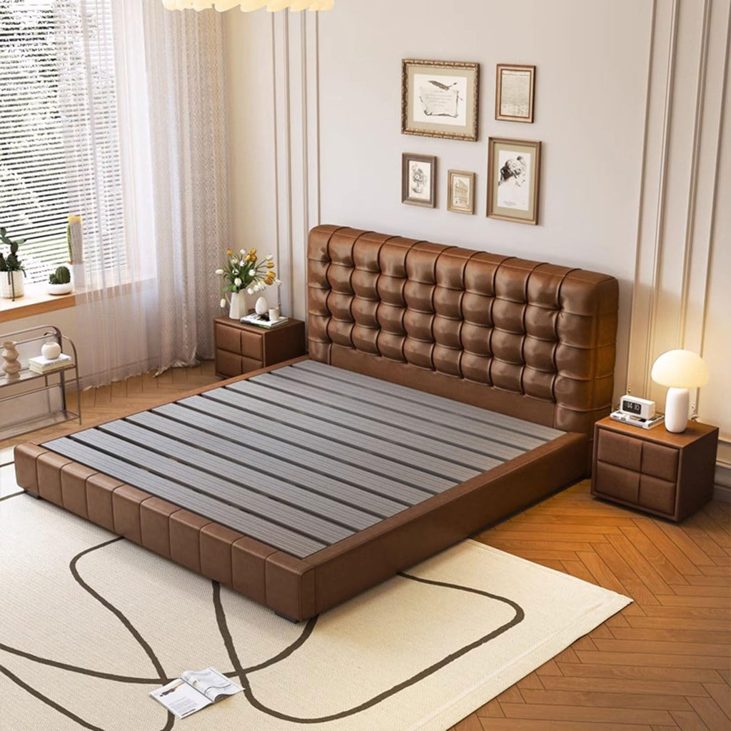 HONGYISHI Vintage Brown Queen Bed Frame, Upholstered Platform Bed Wooden Slats Support Ergonomic Upholstered Headboard Noise-Free