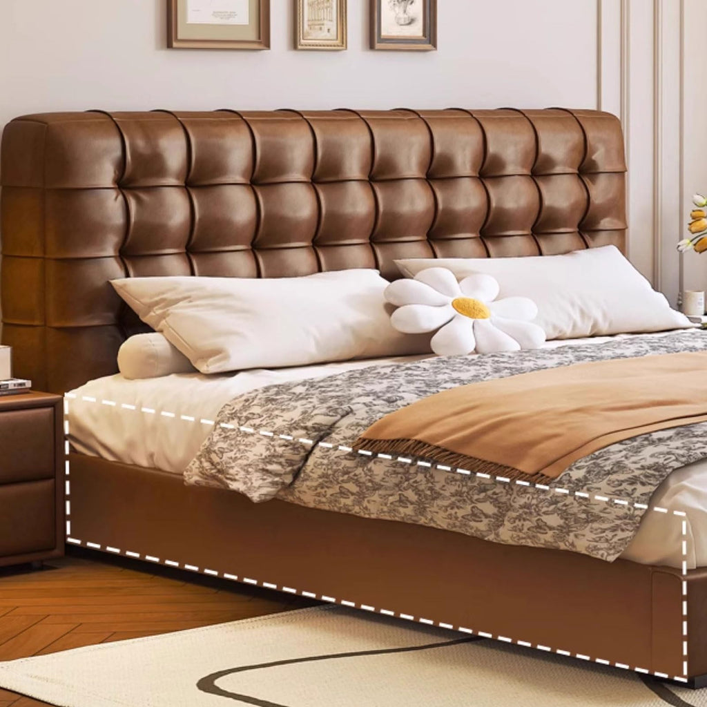 HONGYISHI Vintage Brown Queen Bed Frame, Upholstered Platform Bed Wooden Slats Support Ergonomic Upholstered Headboard Noise-Free