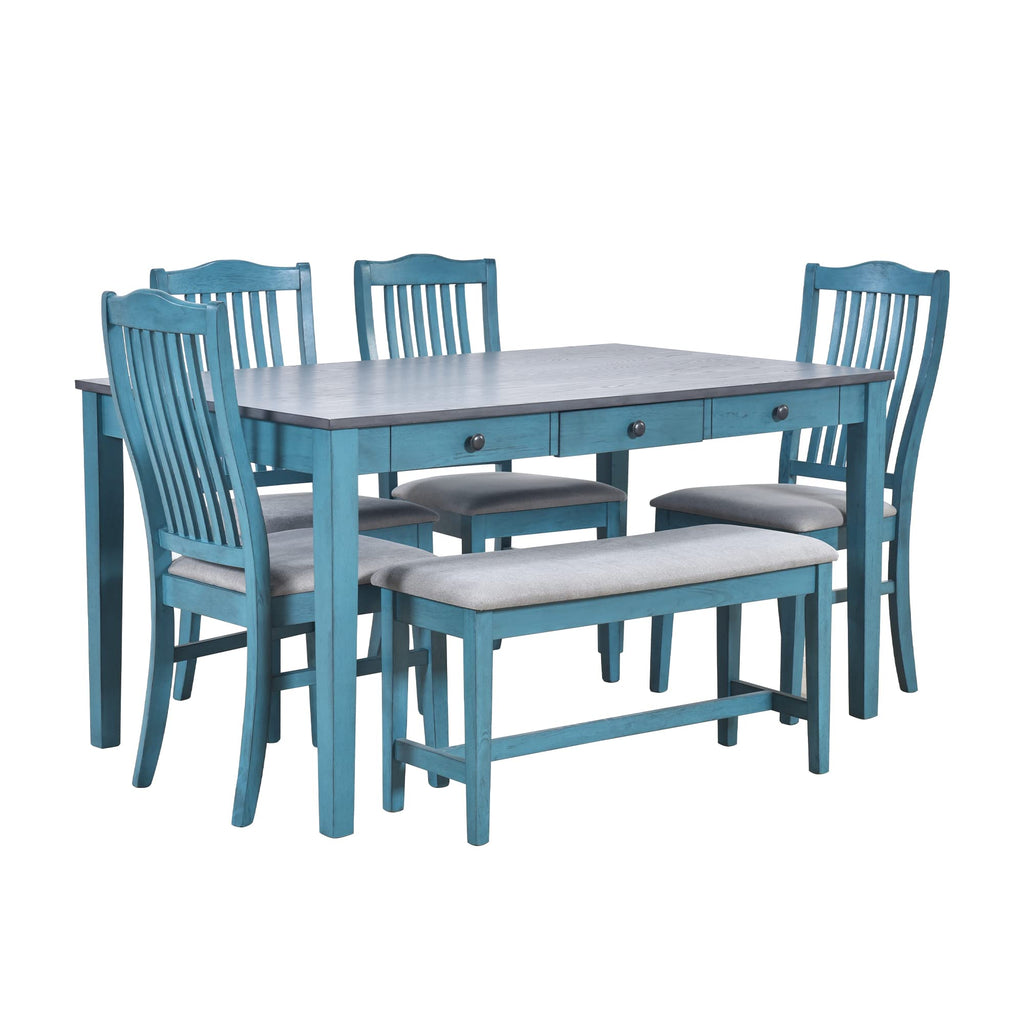 XD Designs Farmhouse 6-Piece Dining Room Table Set, Simple Wooden Dining Table with PU Cushion Chair and Bench, Rustic Kitchen Dining Room Set for 4-6 Persons