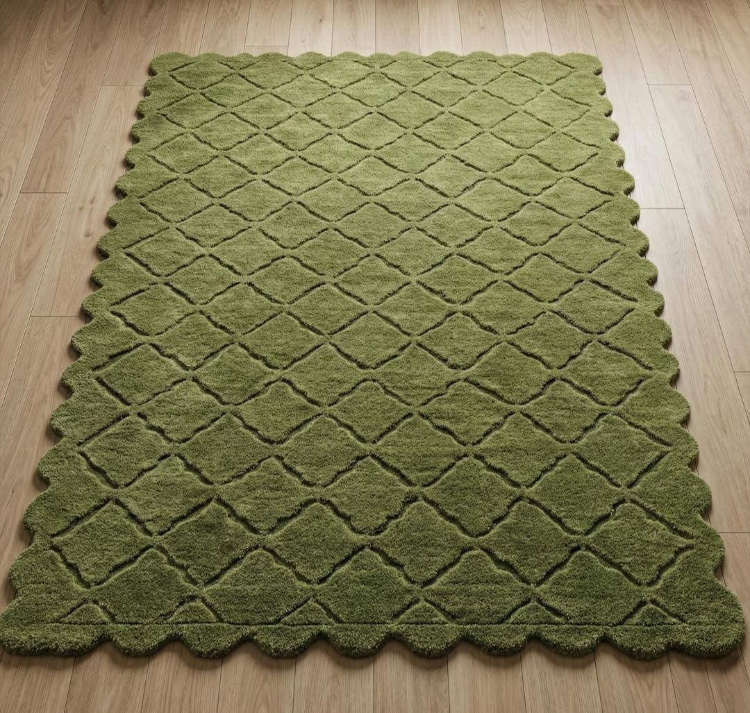Green Scalloped Diamond Lattice Wool-Blend Area Rug