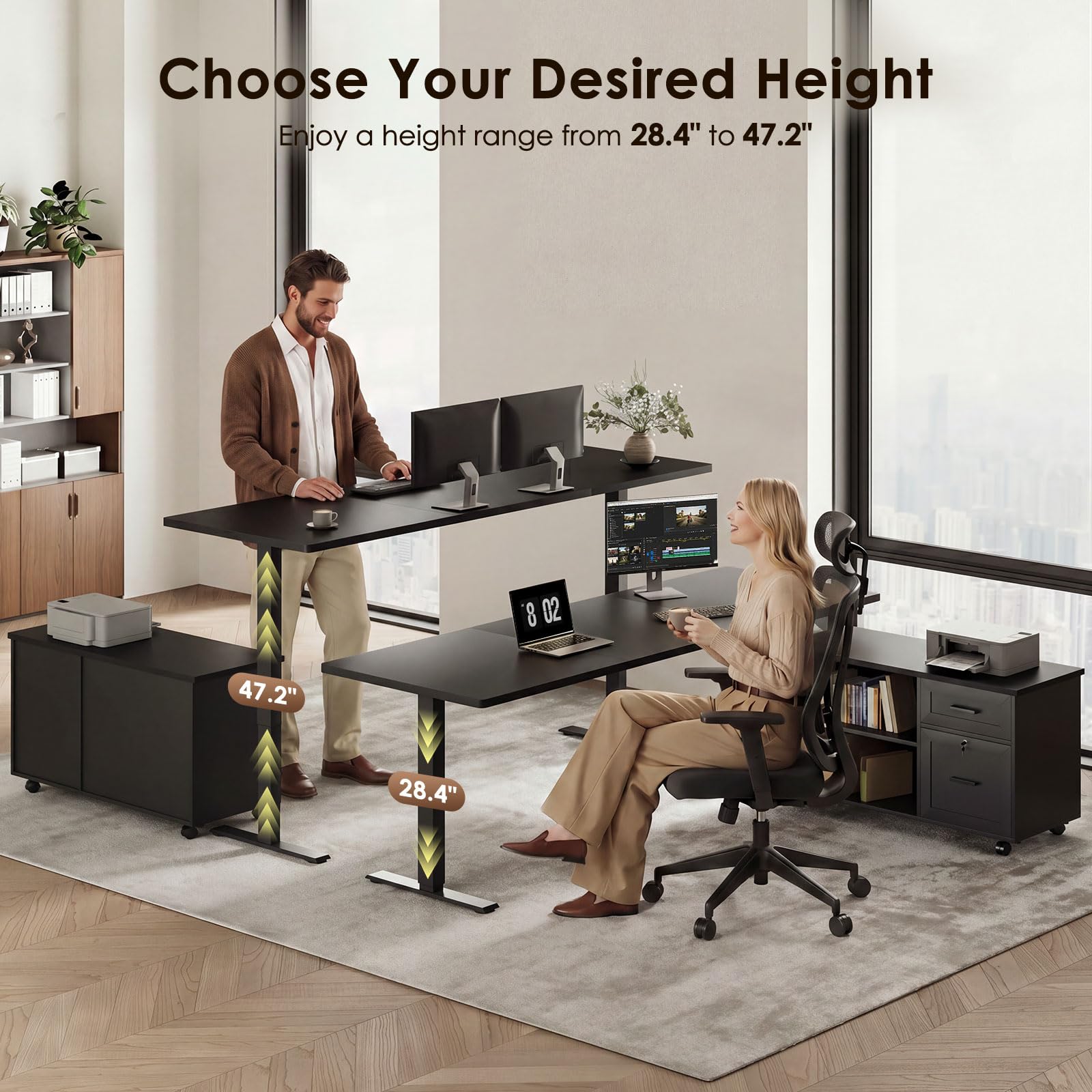 OffiGo Electric Standing Desk with File Cabinet, Large Corner Adjustable Height Table with Power Outlets, Executive L-Shaped Lift Workstation for Home, Office