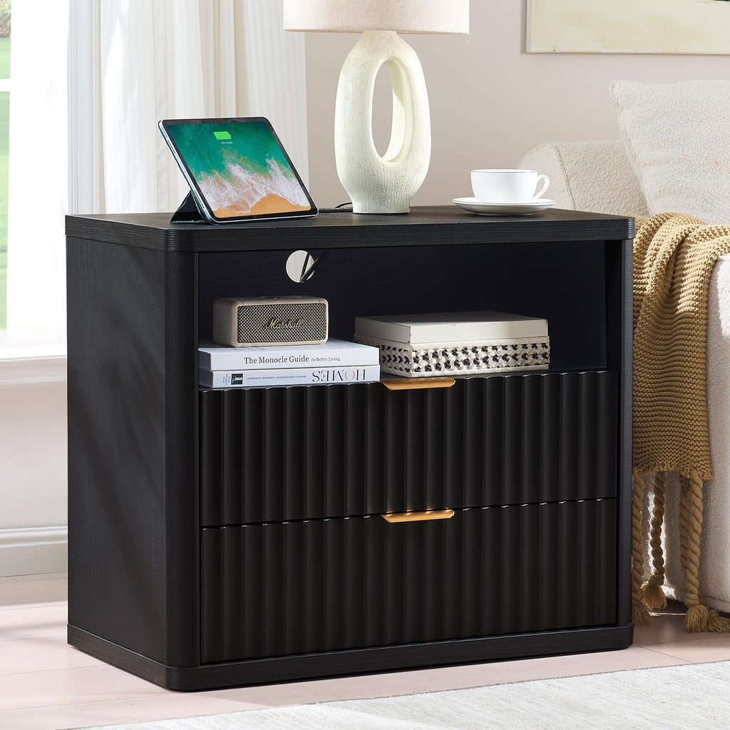 LEYAOYAO Wide Fluted Nightstand for Large Spaces