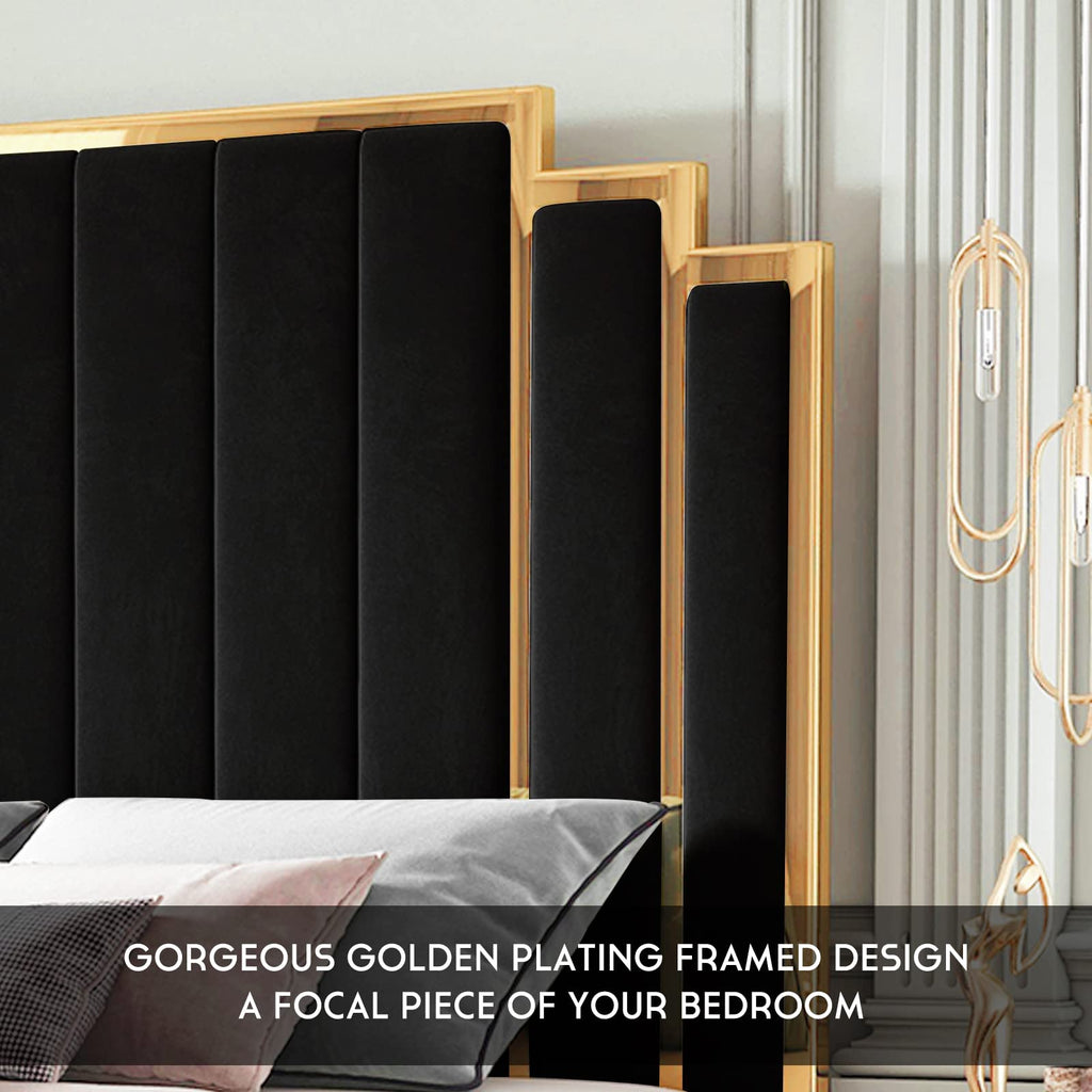 HOWE Bed Frame and Headboard, Upholstered Bed with Golden Plating Trim, Modern Platform Bed No Box Spring Needed