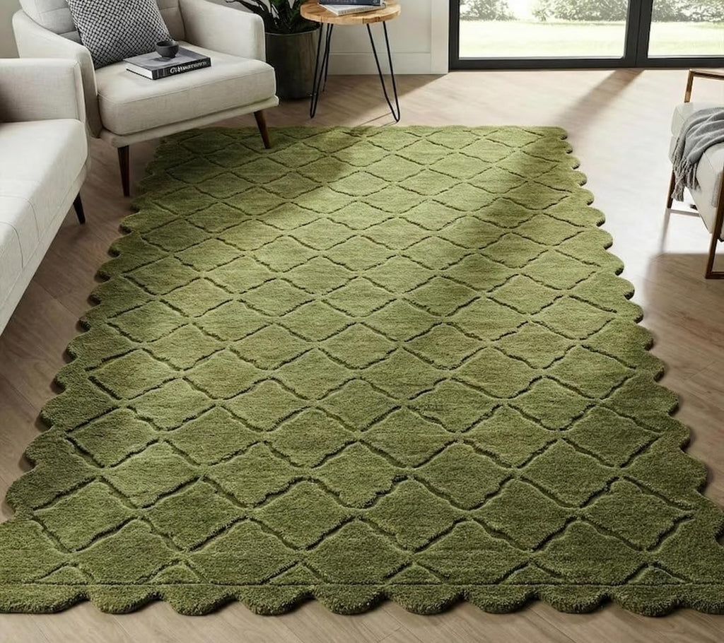 Green Scalloped Diamond Lattice Wool-Blend Area Rug