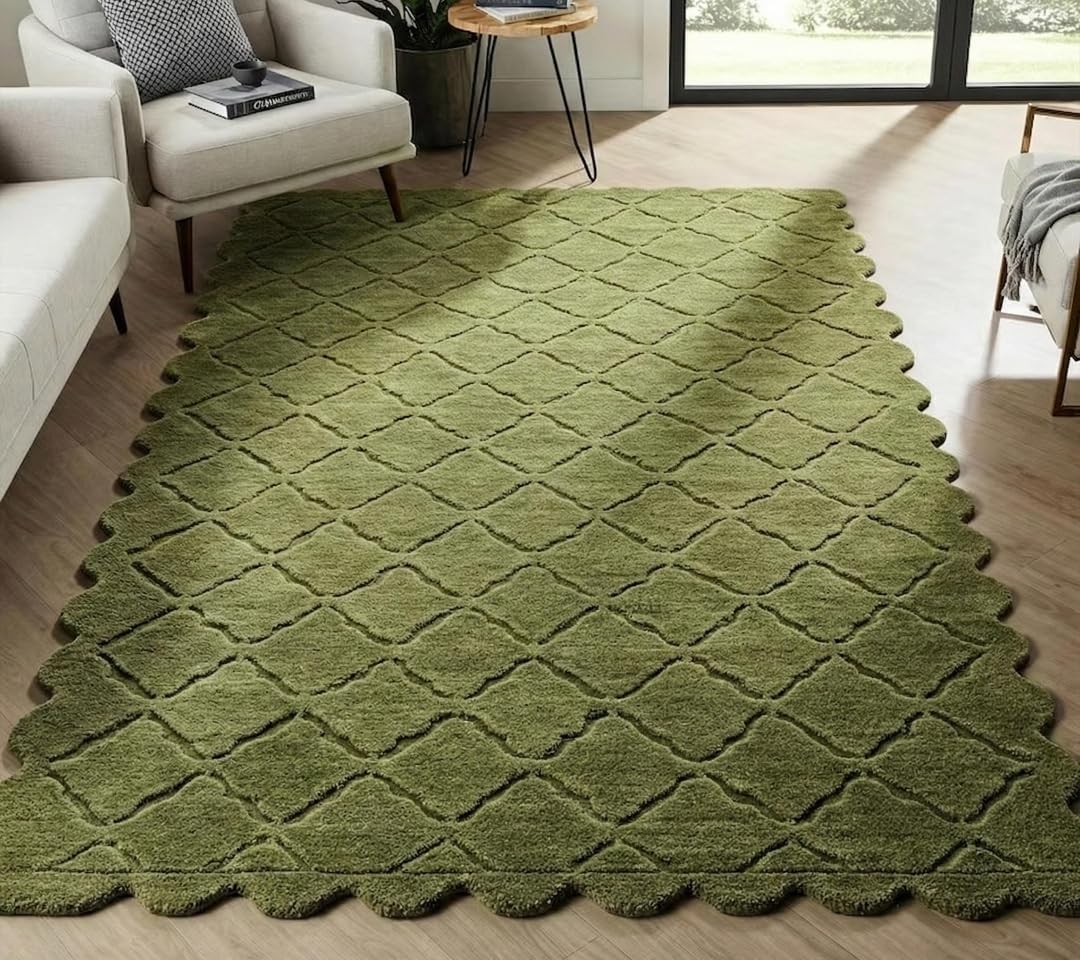 Green Scalloped Diamond Lattice Wool-Blend Area Rug