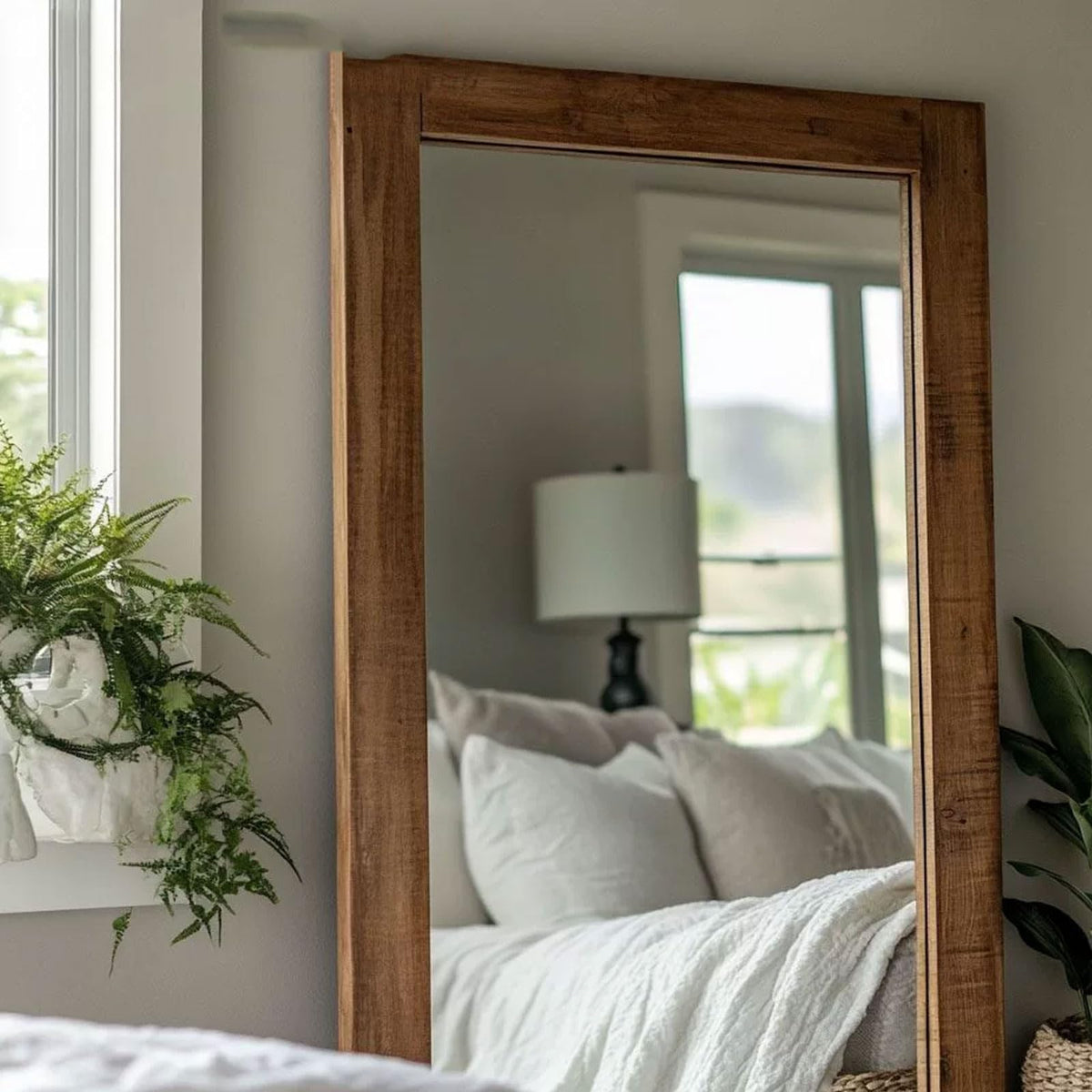 TBJEN Oversized Brown Full Length Mirror, Solid Wood Beveled Frame Wall Leaning or Hanging Mirror - Rustic Farmhouse Style for Bedroom, Entryway, Living Room 200x110cm
