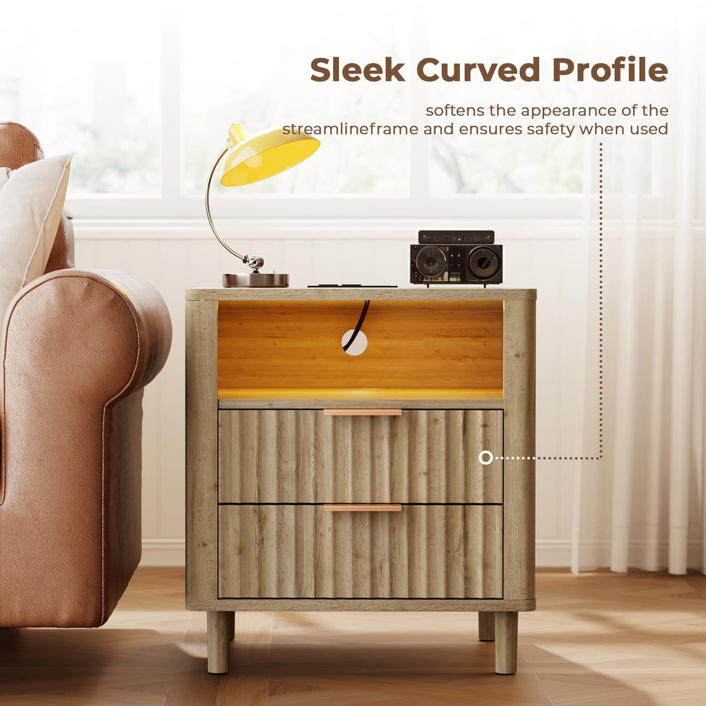 CozyMine Fluted Nightstand with Charging Station