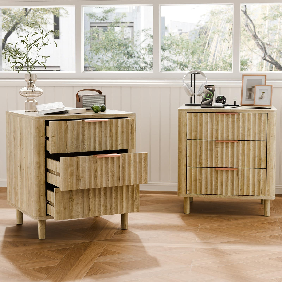 CozyMine Fluted Nightstand with Built-In Charging Station