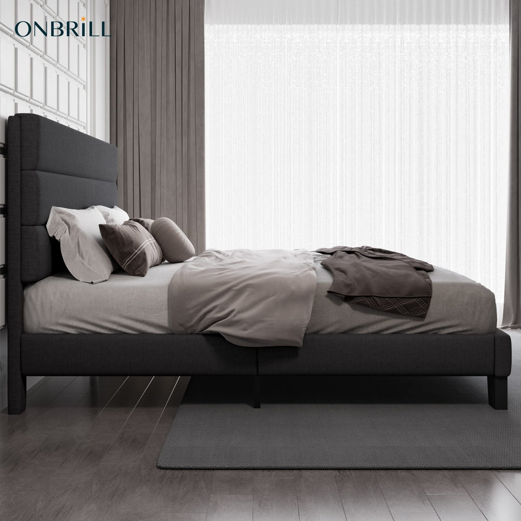 ONBRILL King Size Bed Frame with Fabric Upholstered Headboard, Sturdy Wood Slat Support,Upholstered Mattress Foundation,No Box Spring Needed,Easy Assembly,Grey