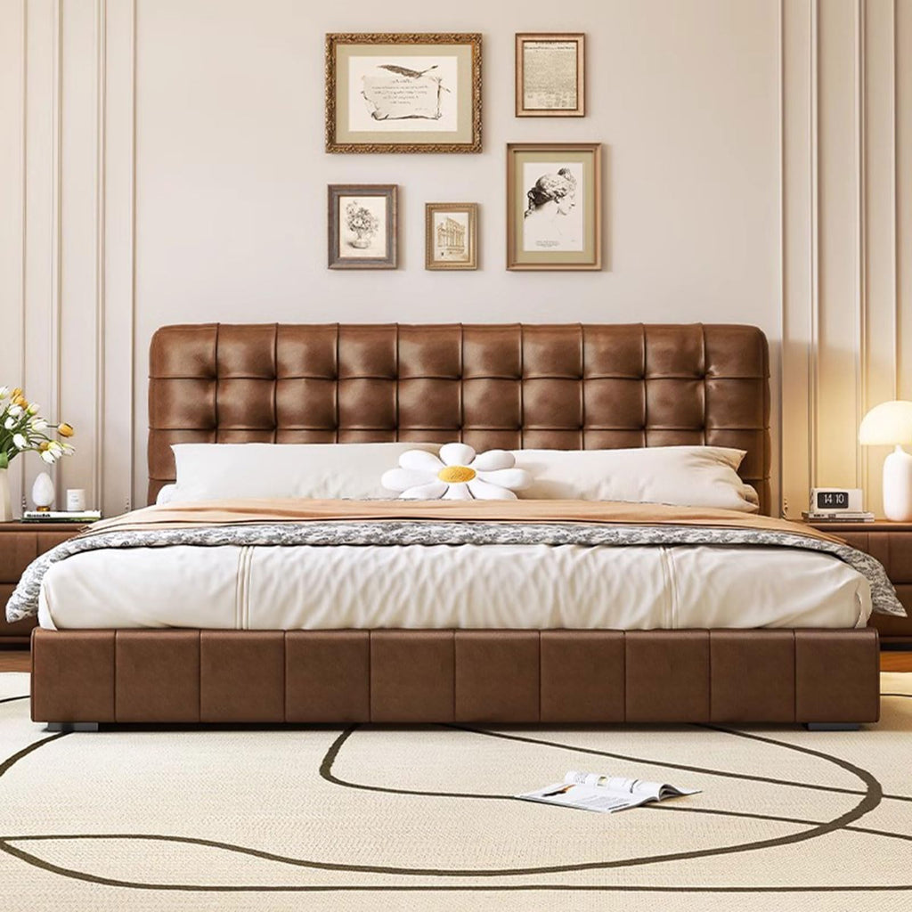 HONGYISHI Vintage Brown Queen Bed Frame, Upholstered Platform Bed Wooden Slats Support Ergonomic Upholstered Headboard Noise-Free