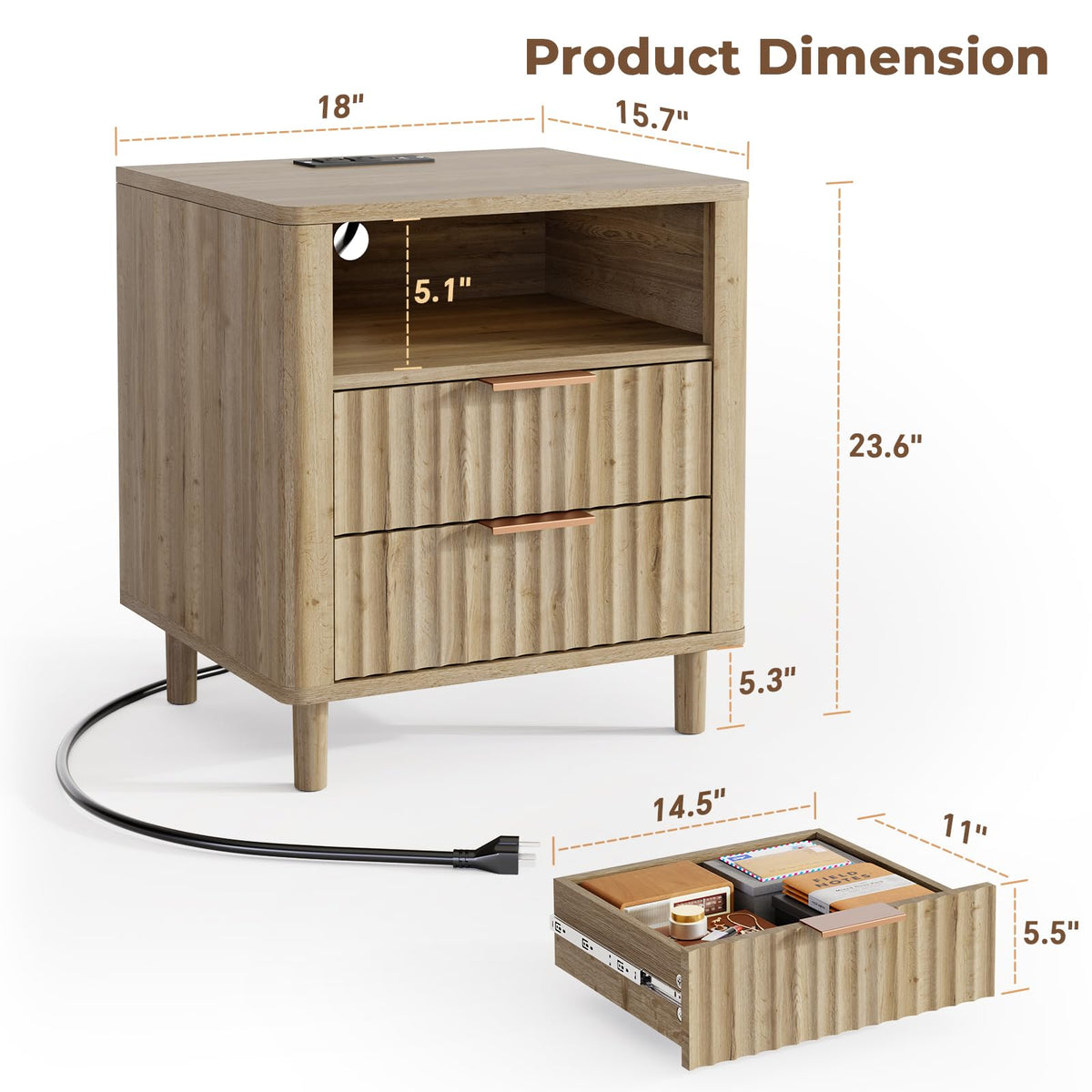 CozyMine Fluted Nightstand with Charging Station