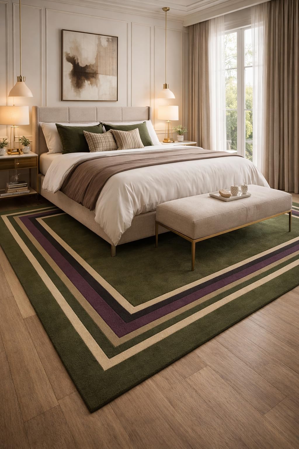 Handmade Geometric Green, Purple & Beige Border Area Rug