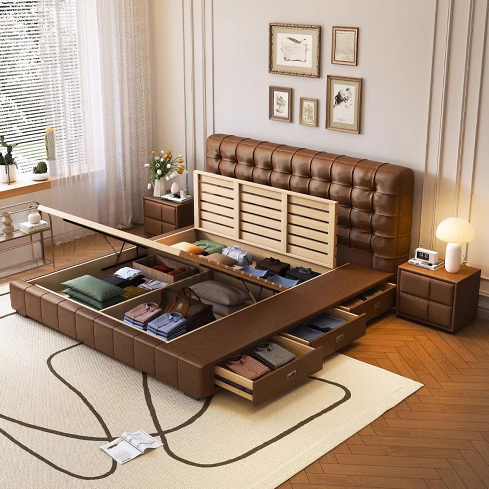 HONGYISHI Vintage Brown Queen Bed Frame, Upholstered Platform Bed Wooden Slats Support Ergonomic Upholstered Headboard Noise-Free