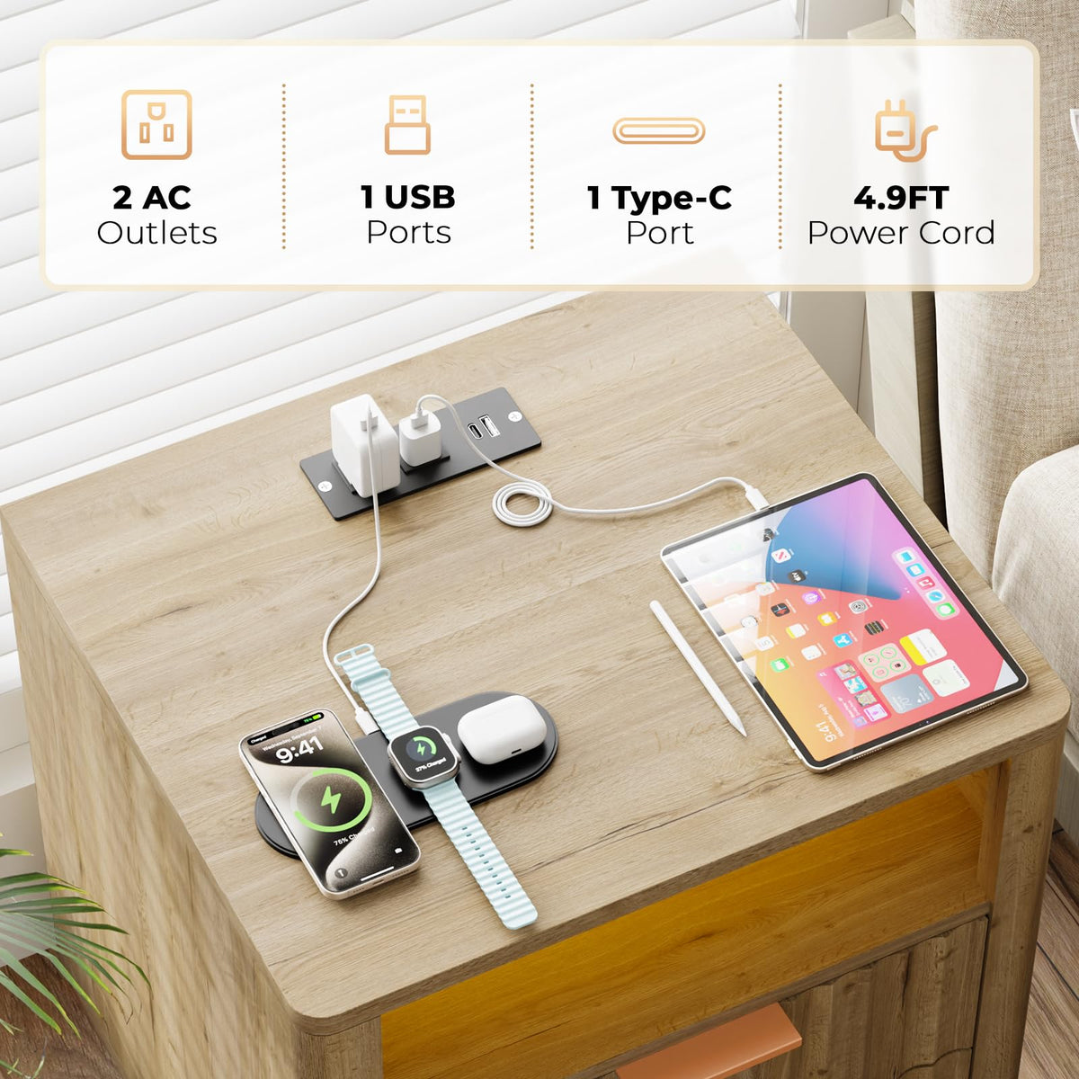 CozyMine Fluted Nightstand with Charging Station