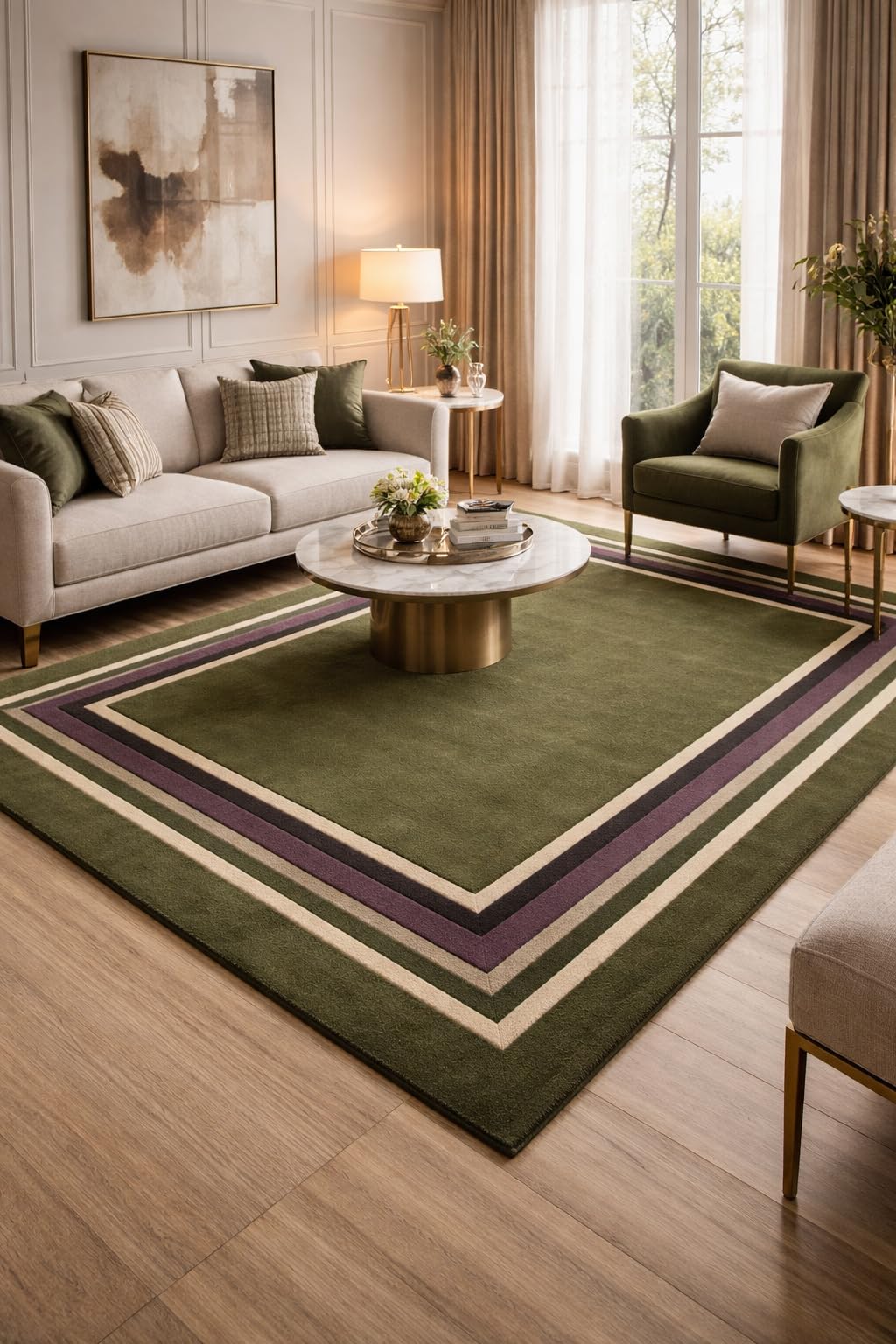 Handmade Geometric Green, Purple & Beige Border Area Rug