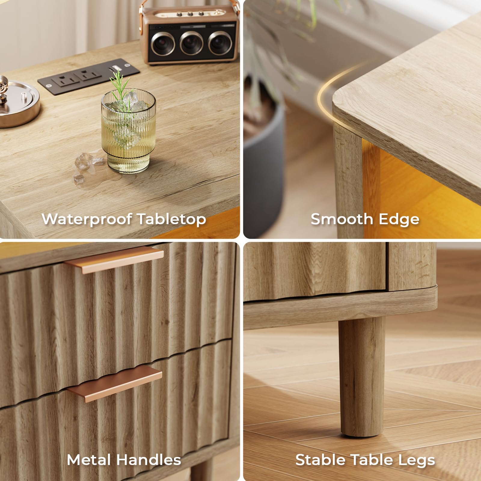 CozyMine Fluted Nightstand with Charging Station