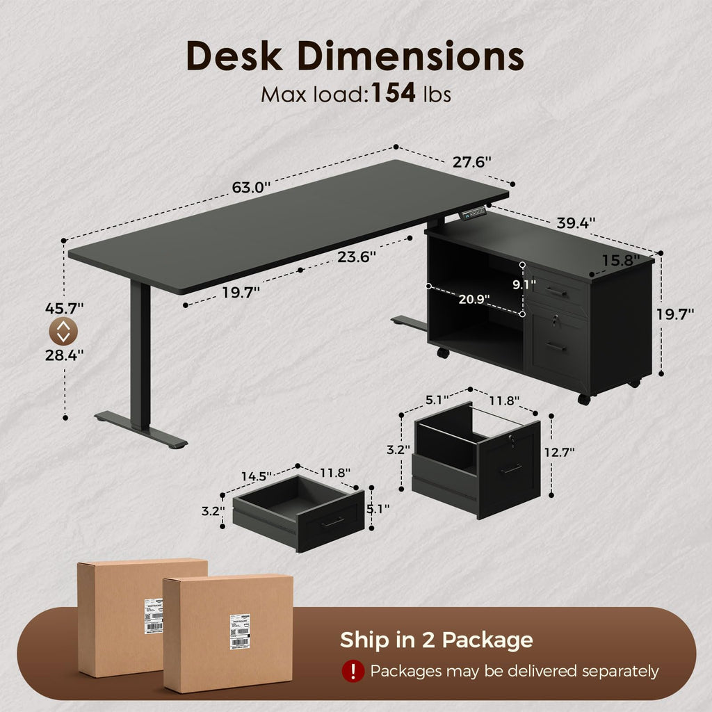 OffiGo Electric Standing Desk with File Cabinet, Large Corner Adjustable Height Table with Power Outlets, Executive L-Shaped Lift Workstation for Home, Office