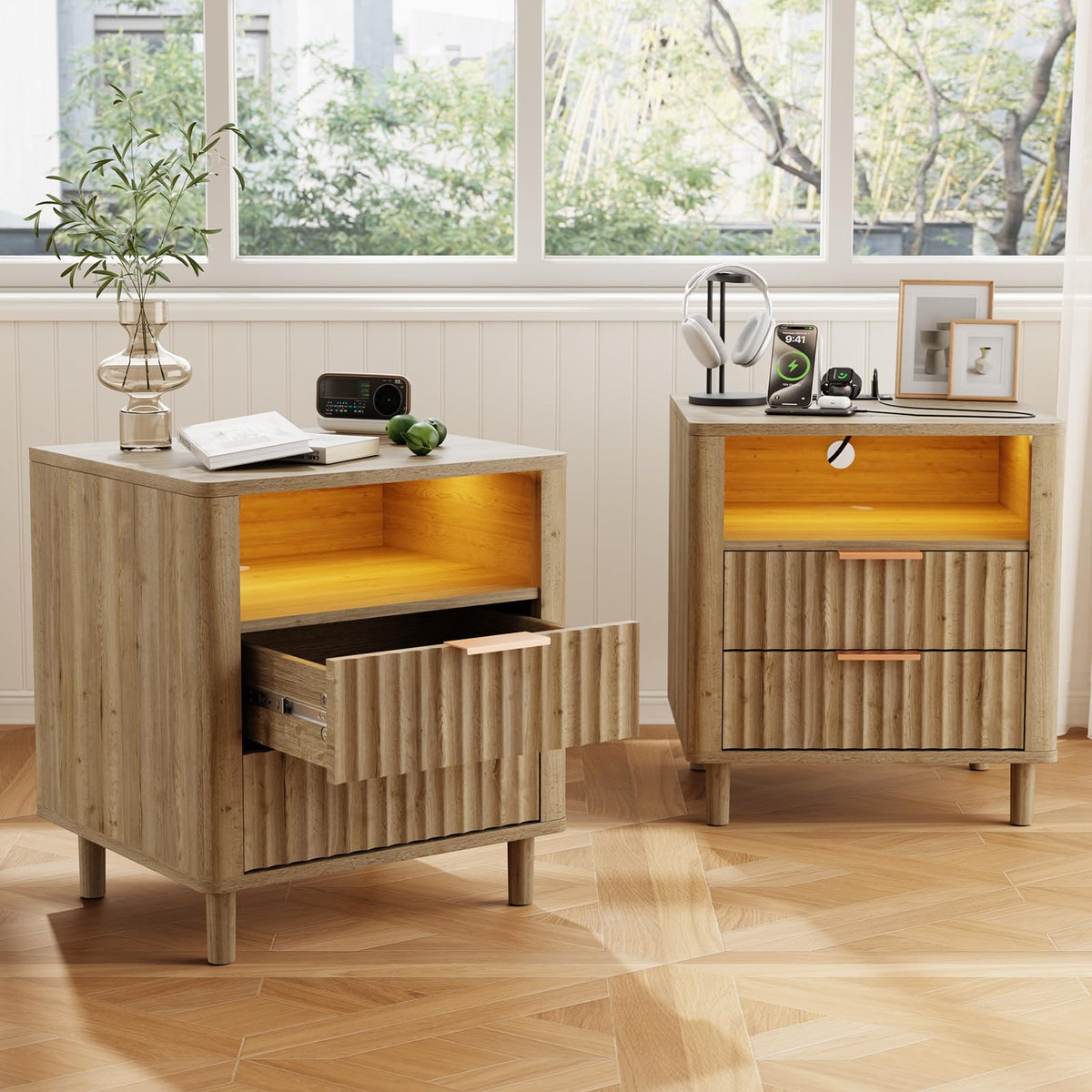 CozyMine Fluted Nightstand with Built-In Charging Station
