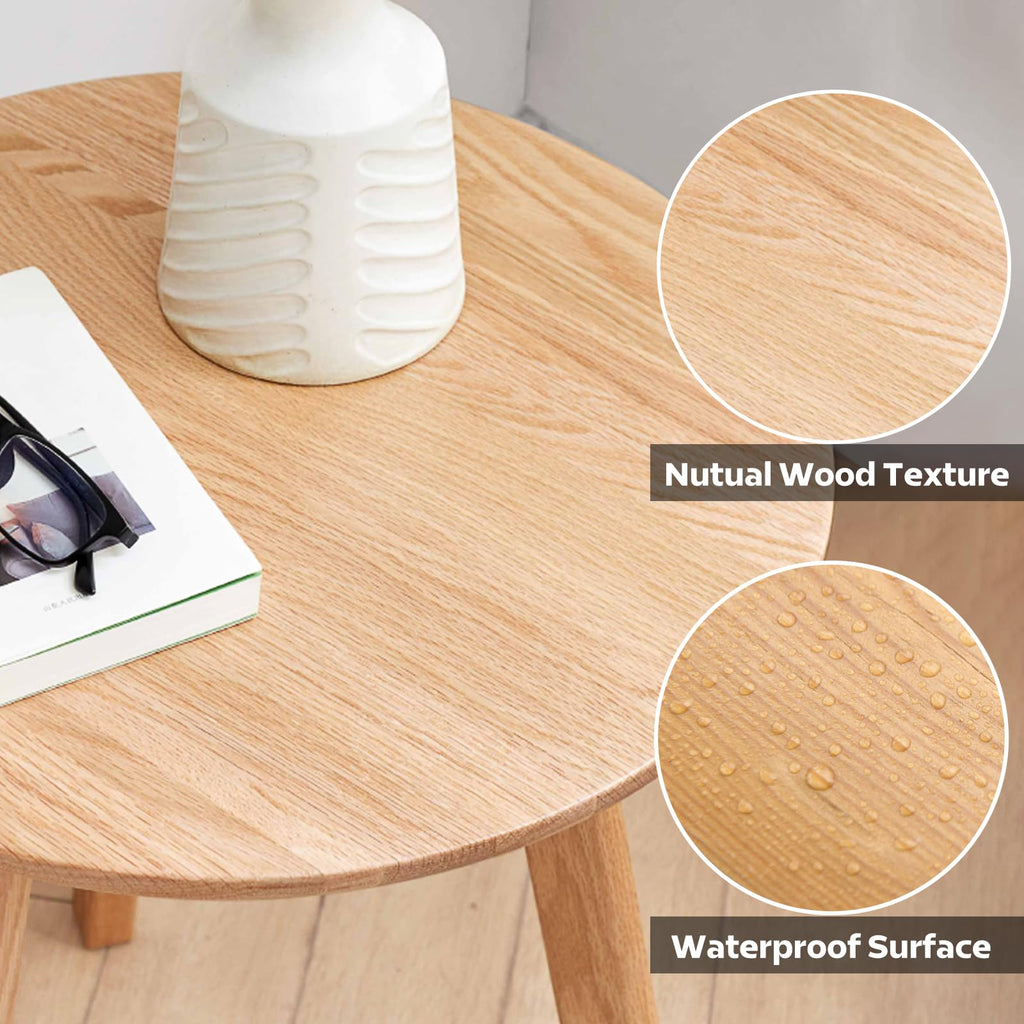 Wayshome Small Round Side Table, Bedside Table with Three Solid Wood Legs, Wood End Tables Living Room