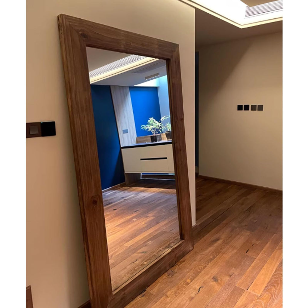 TBJEN Oversized Brown Full Length Mirror, Solid Wood Beveled Frame Wall Leaning or Hanging Mirror - Rustic Farmhouse Style for Bedroom, Entryway, Living Room 200x110cm