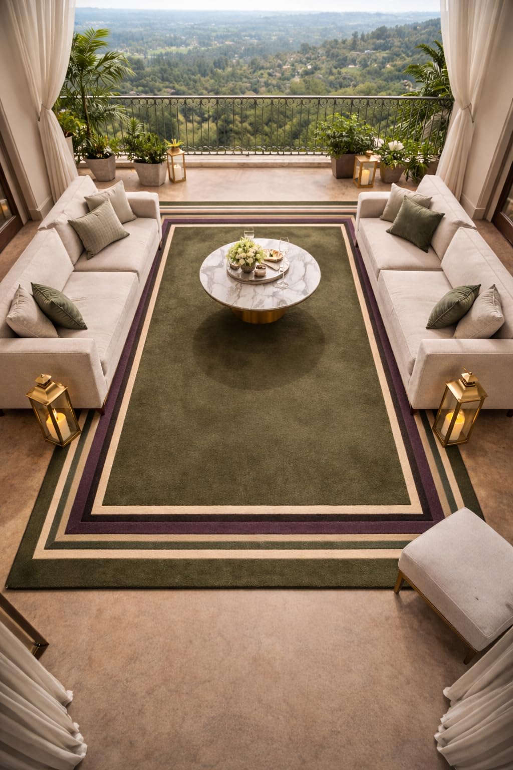 Handmade Geometric Green, Purple & Beige Border Area Rug