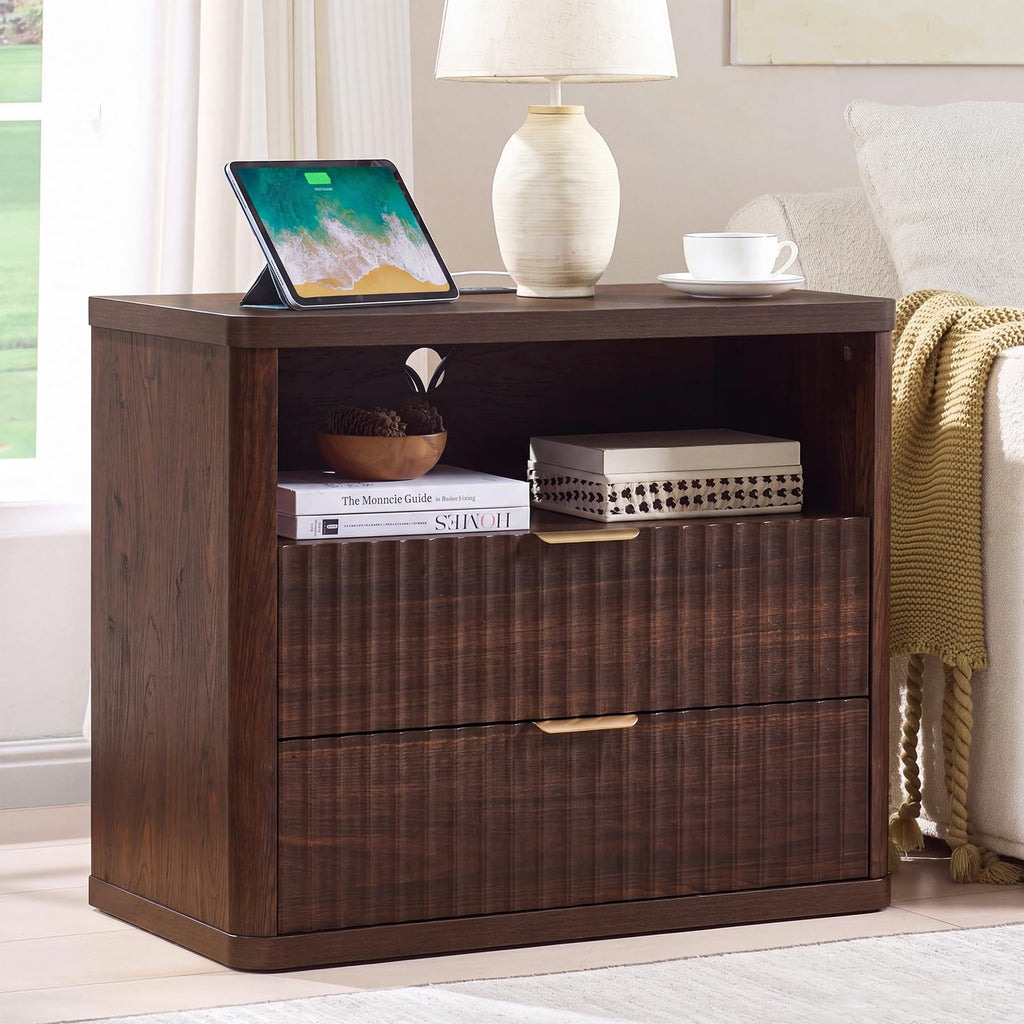 LEYAOYAO Wide Fluted Nightstand for Large Spaces