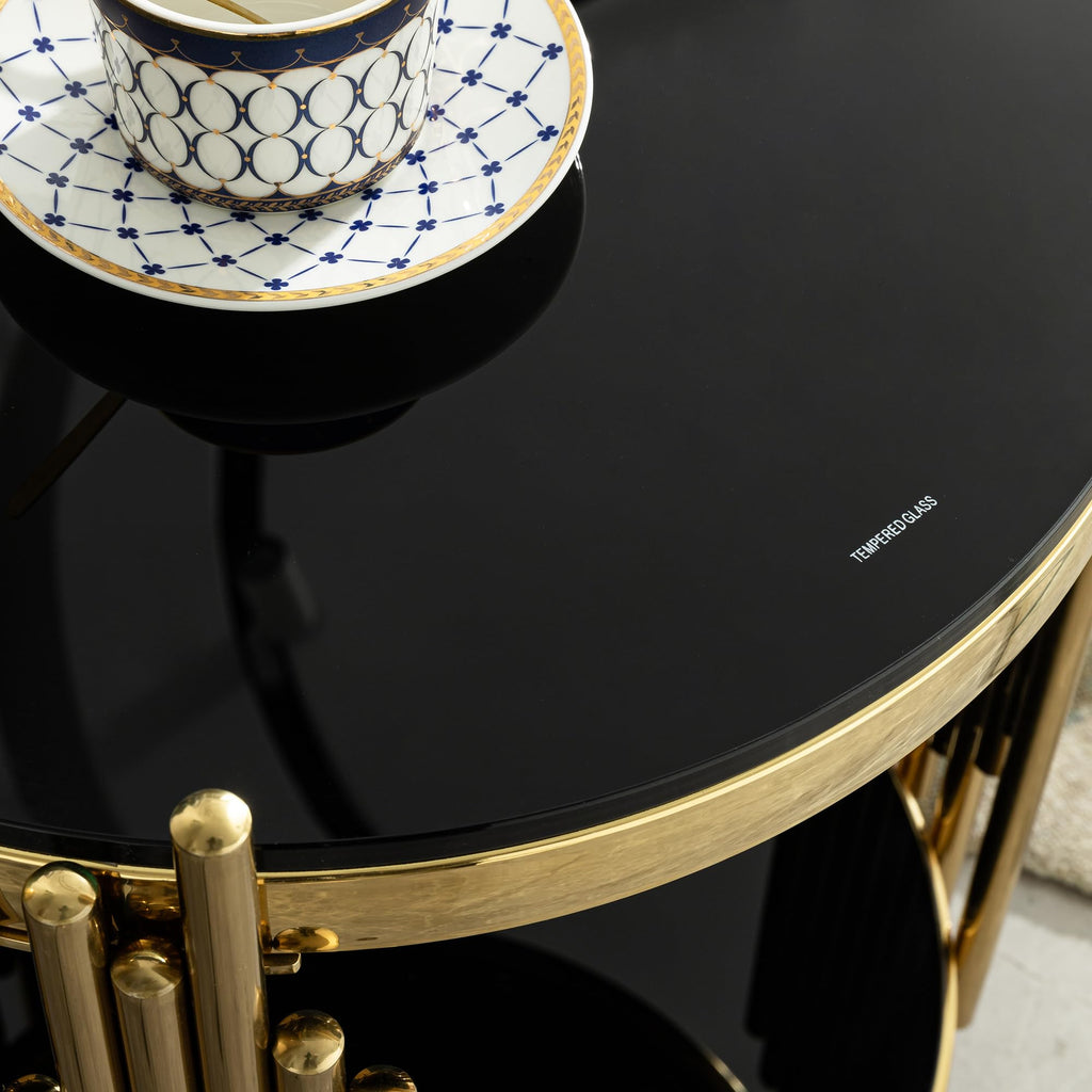 Sybrioka Luxury Gold Round Glass Coffee Table, Modern Center Table with Stainless Steel Irregular Leg Tempered Glass Tabletop, Accent Furniture for Living Room