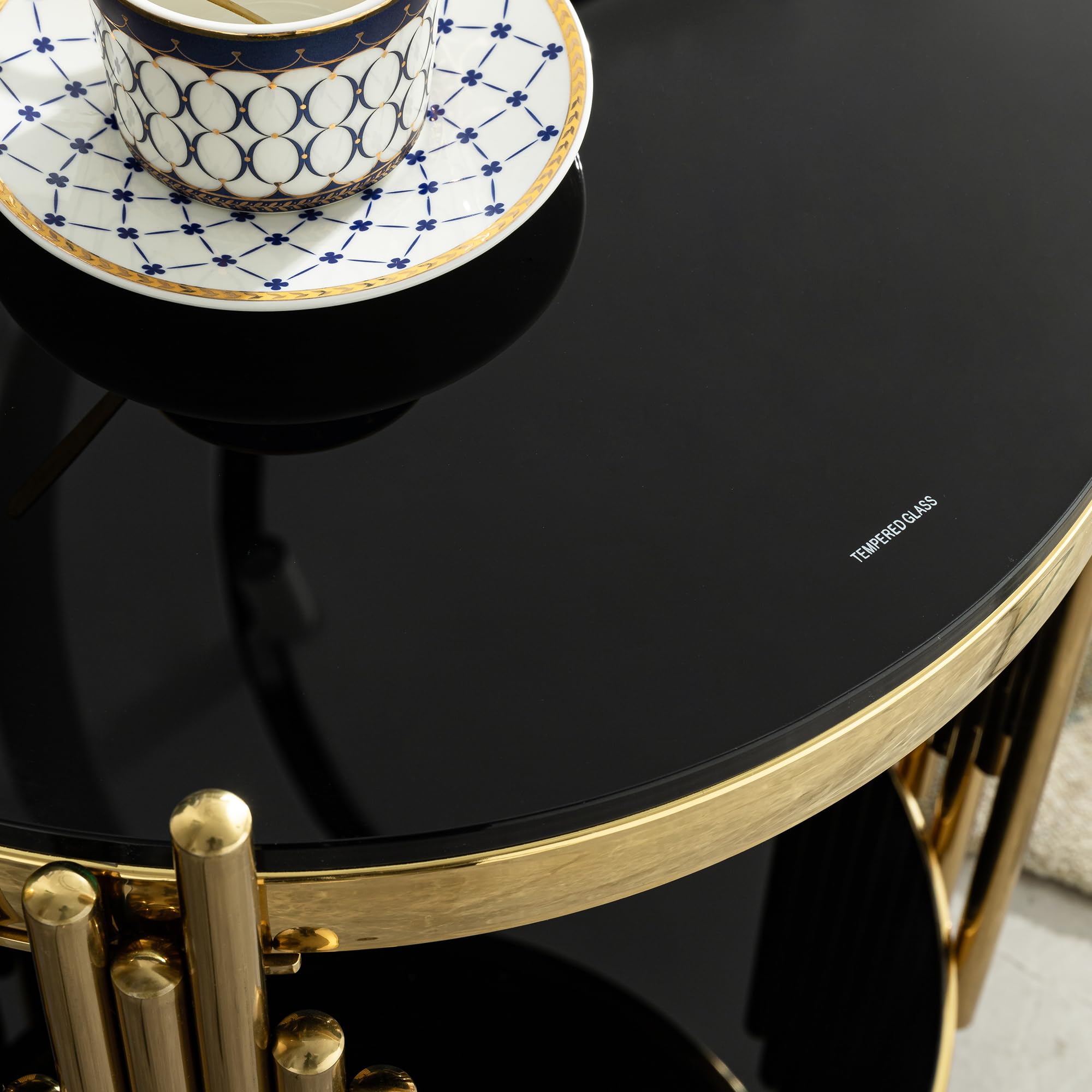 Sybrioka Luxury Gold Round Glass Coffee Table, Modern Center Table with Stainless Steel Irregular Leg Tempered Glass Tabletop, Accent Furniture for Living Room
