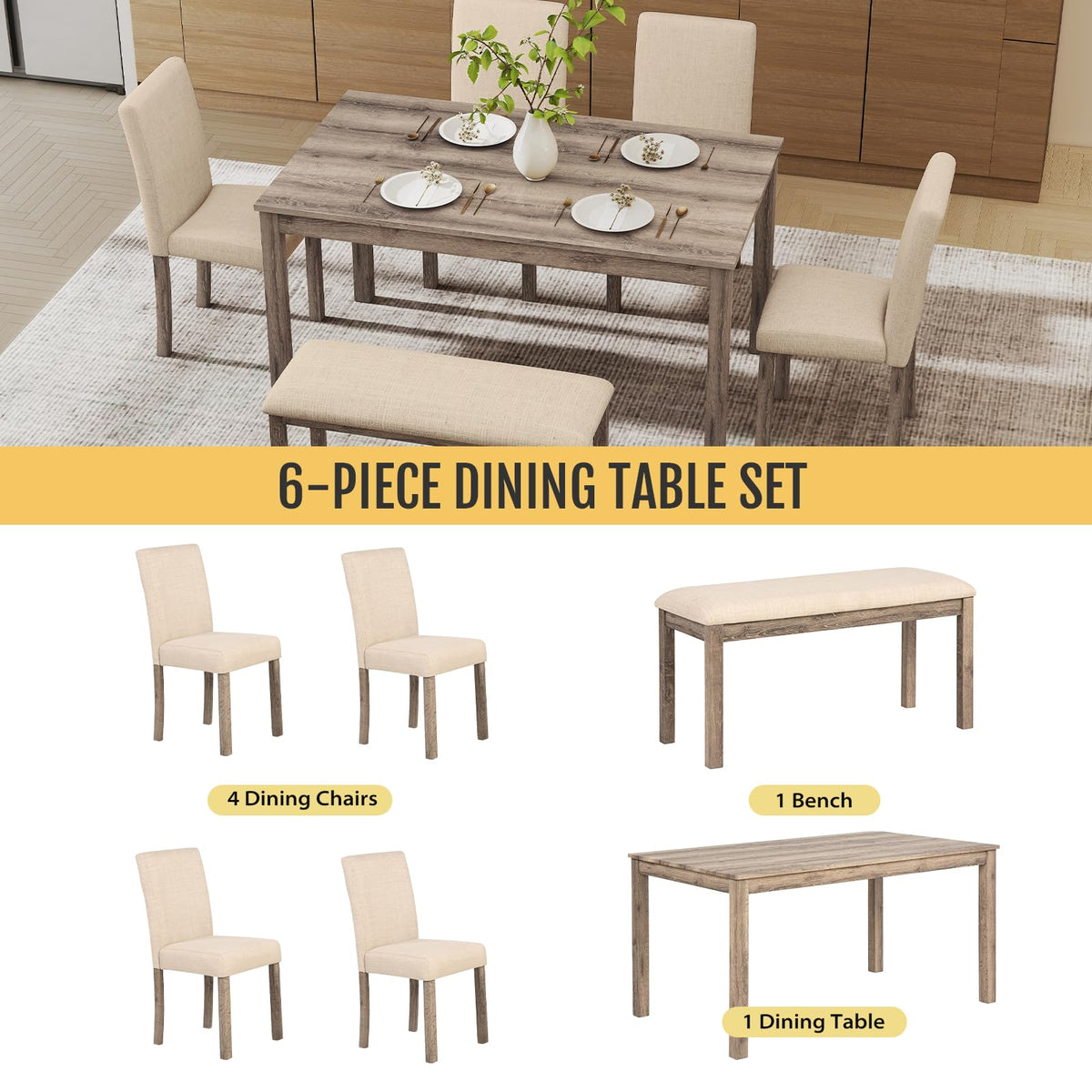 Zevemomo 6-Piece Wooden Dining Set