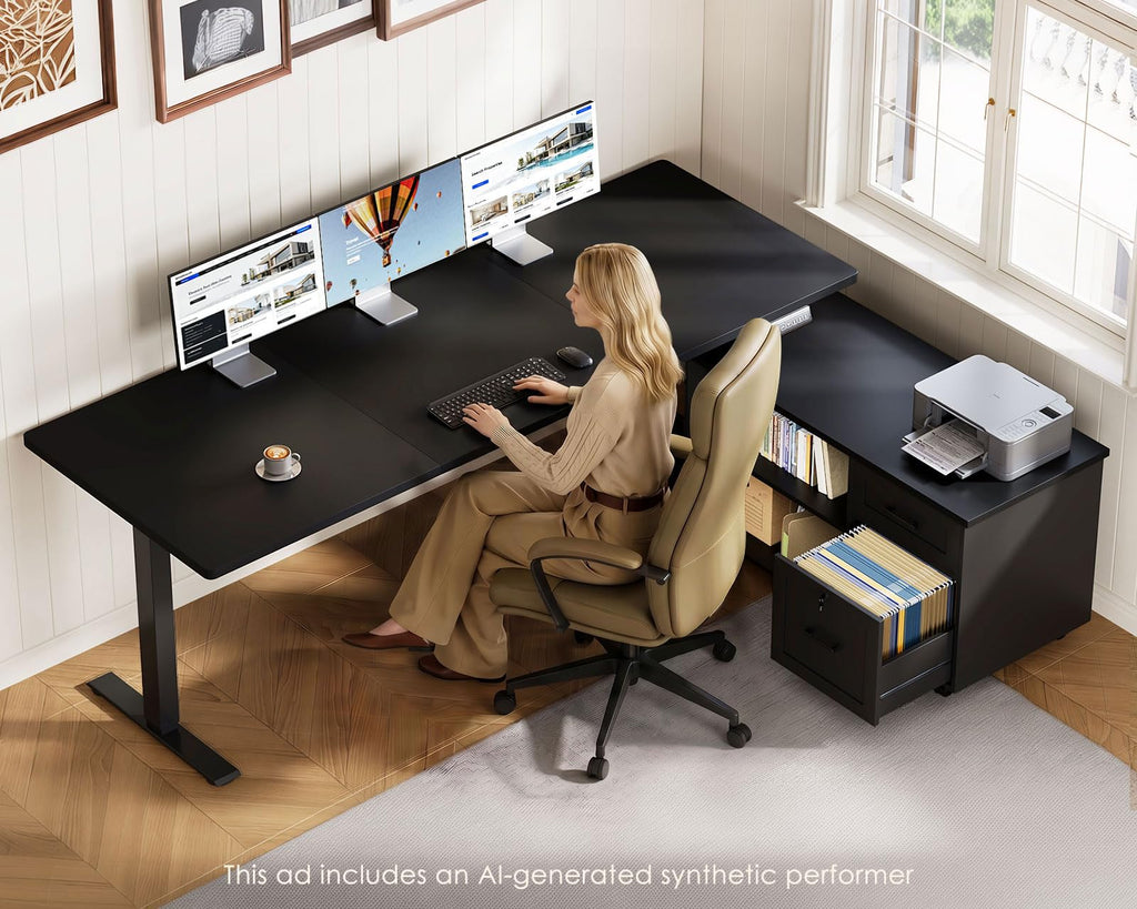 OffiGo Electric Standing Desk with File Cabinet, Large Corner Adjustable Height Table with Power Outlets, Executive L-Shaped Lift Workstation for Home, Office