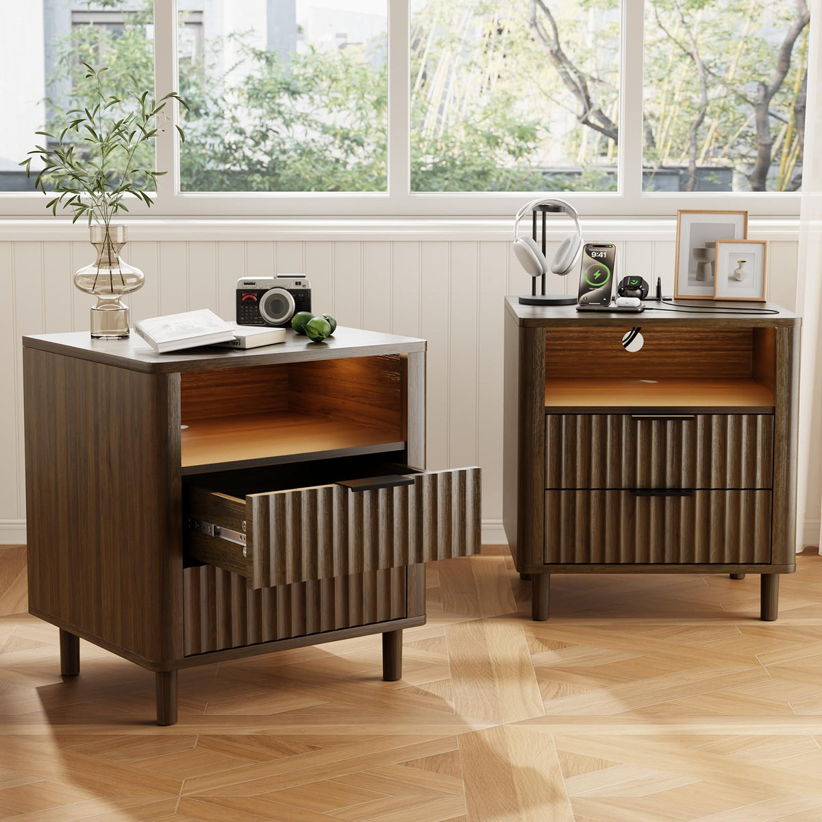 CozyMine Fluted Nightstand with Built-In Charging Station