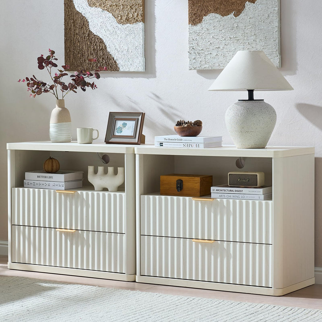 LEYAOYAO Wide Fluted Nightstand for Large Spaces