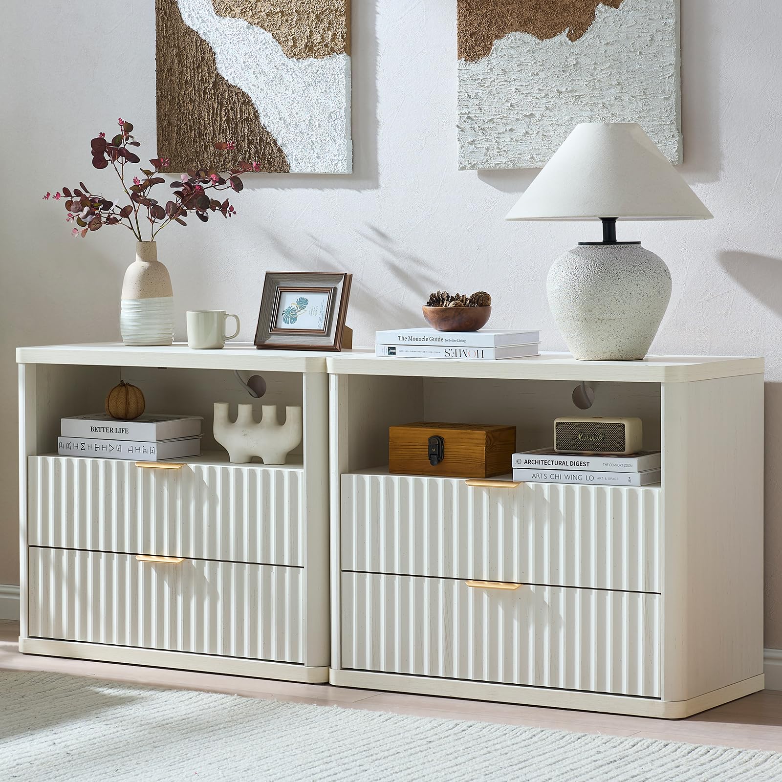 LEYAOYAO Wide Fluted Nightstand for Large Spaces