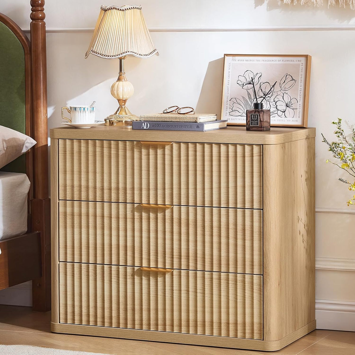 LEYAOYAO Wide Fluted Nightstand for Large Spaces