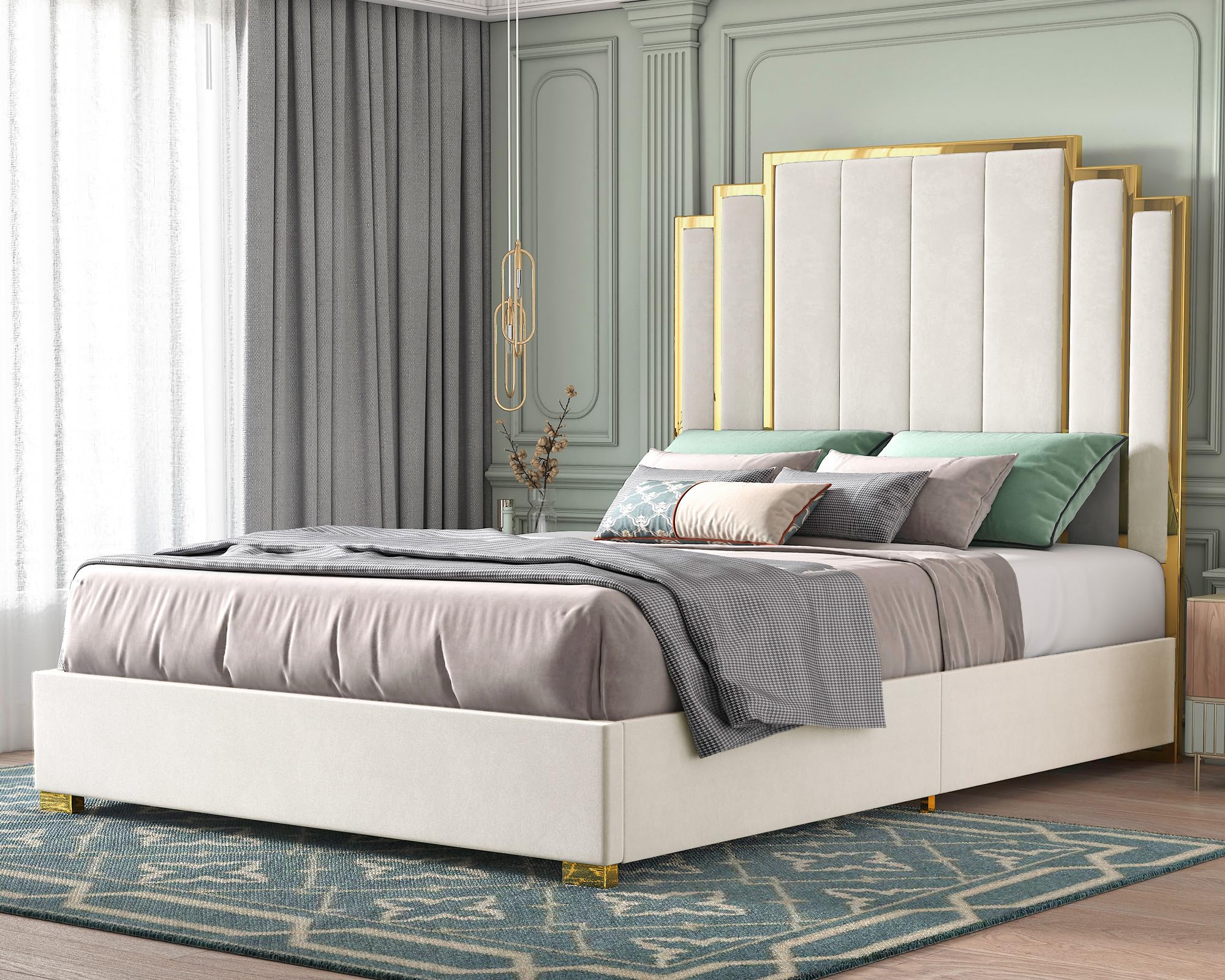 HOWE Upholstered Platform Bed with Headboard & Gold Trim