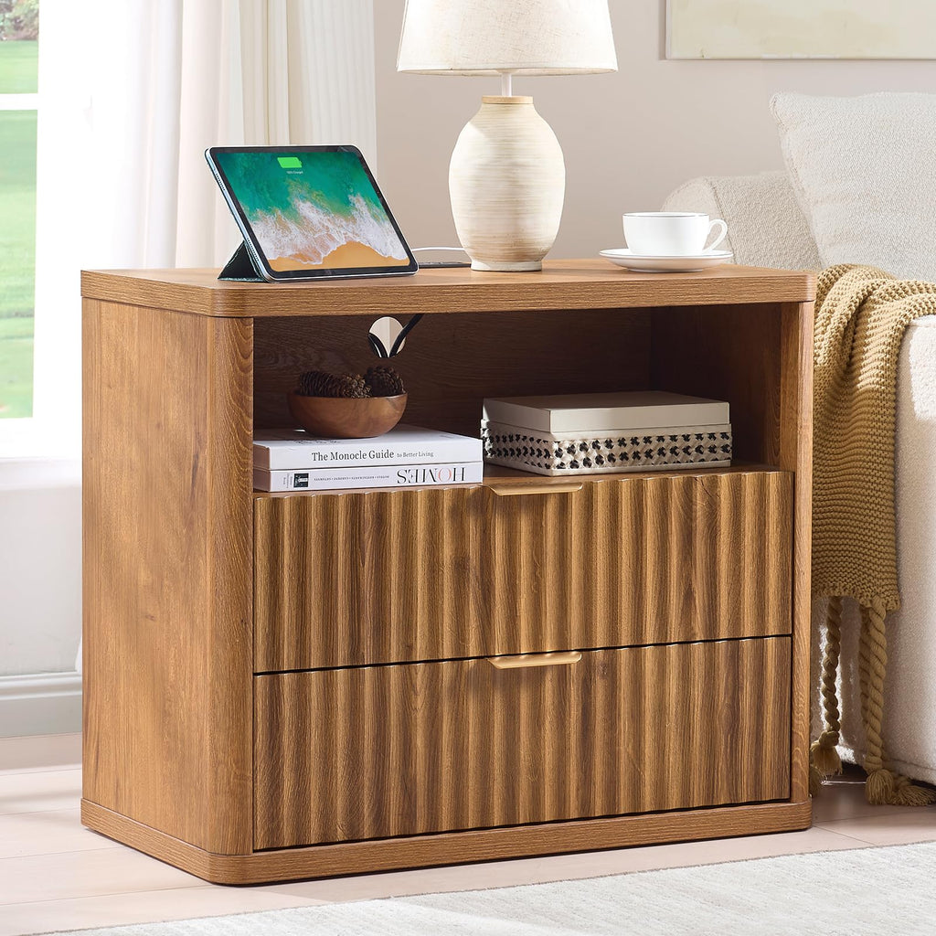 LEYAOYAO Wide Fluted Nightstand for Large Spaces