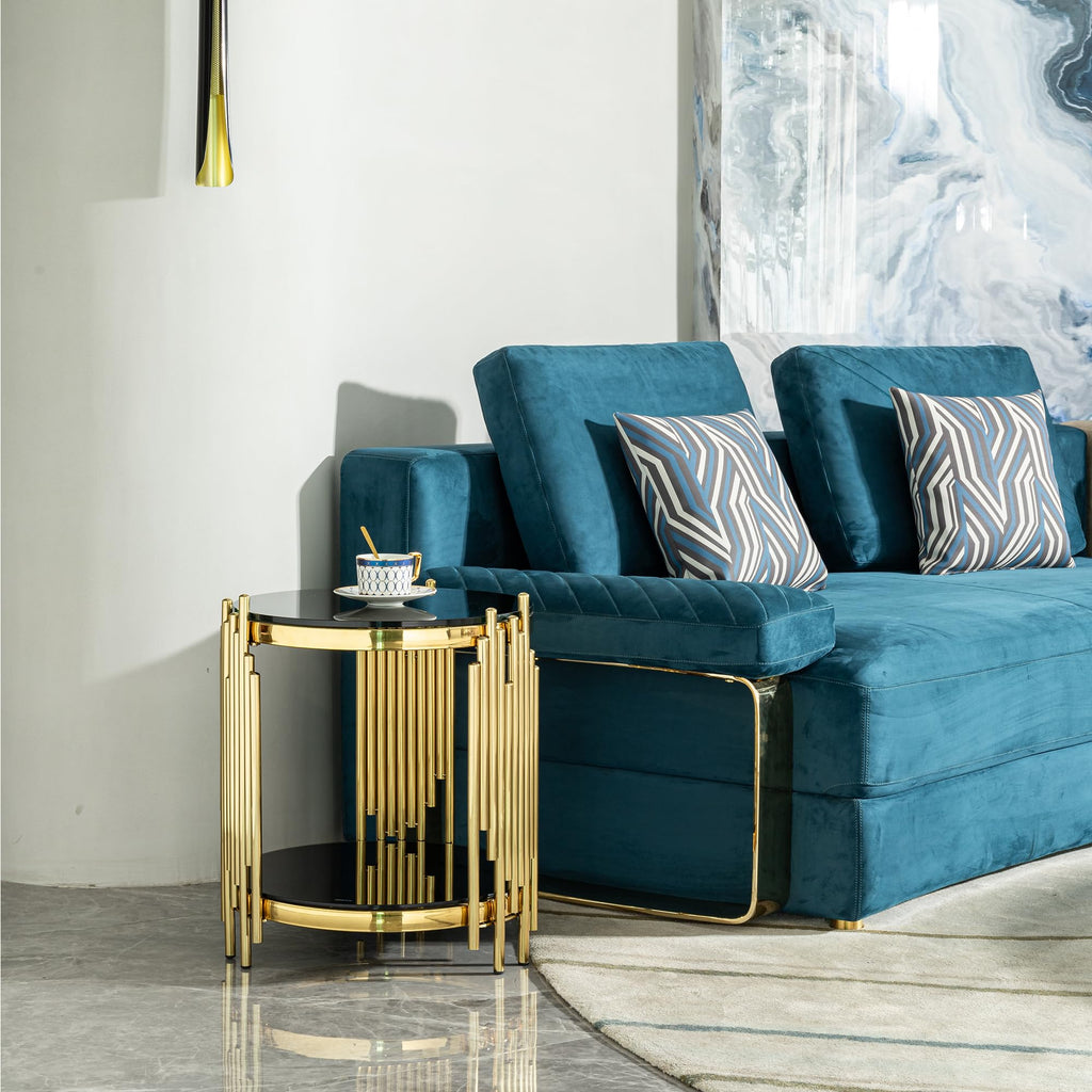 Sybrioka Luxury Gold Round Glass Coffee Table, Modern Center Table with Stainless Steel Irregular Leg Tempered Glass Tabletop, Accent Furniture for Living Room