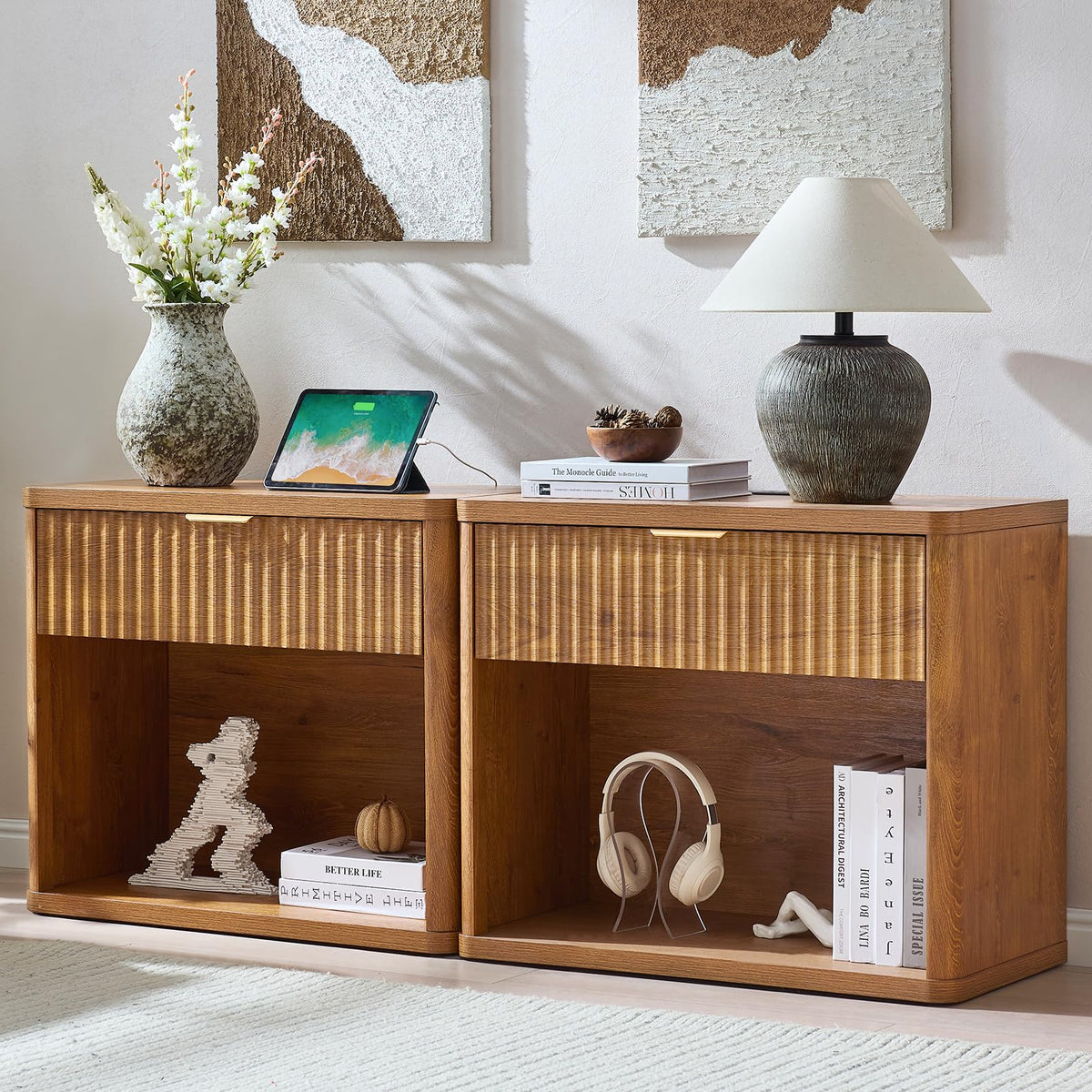 LEYAOYAO Wide Fluted Nightstand for Large Spaces